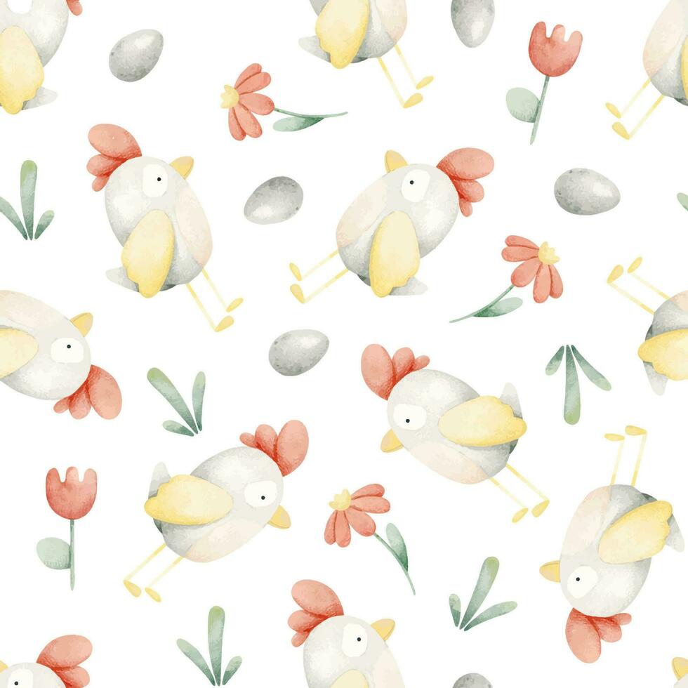 Cute birds, eggs and flowers. Watercolor seamless pattern for children. On a white background. For baby shower, textiles, nursery decor, packaging, wrapping paper and scrapbooking vector