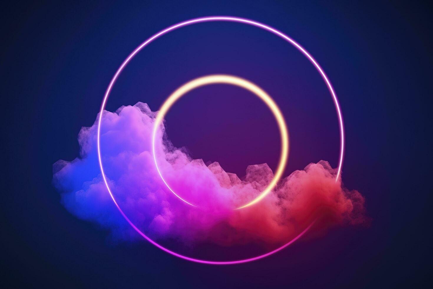3d render, abstract cloud illuminated with neon light ring on dark night sky. Glowing geometric shape, round frame, generate ai photo
