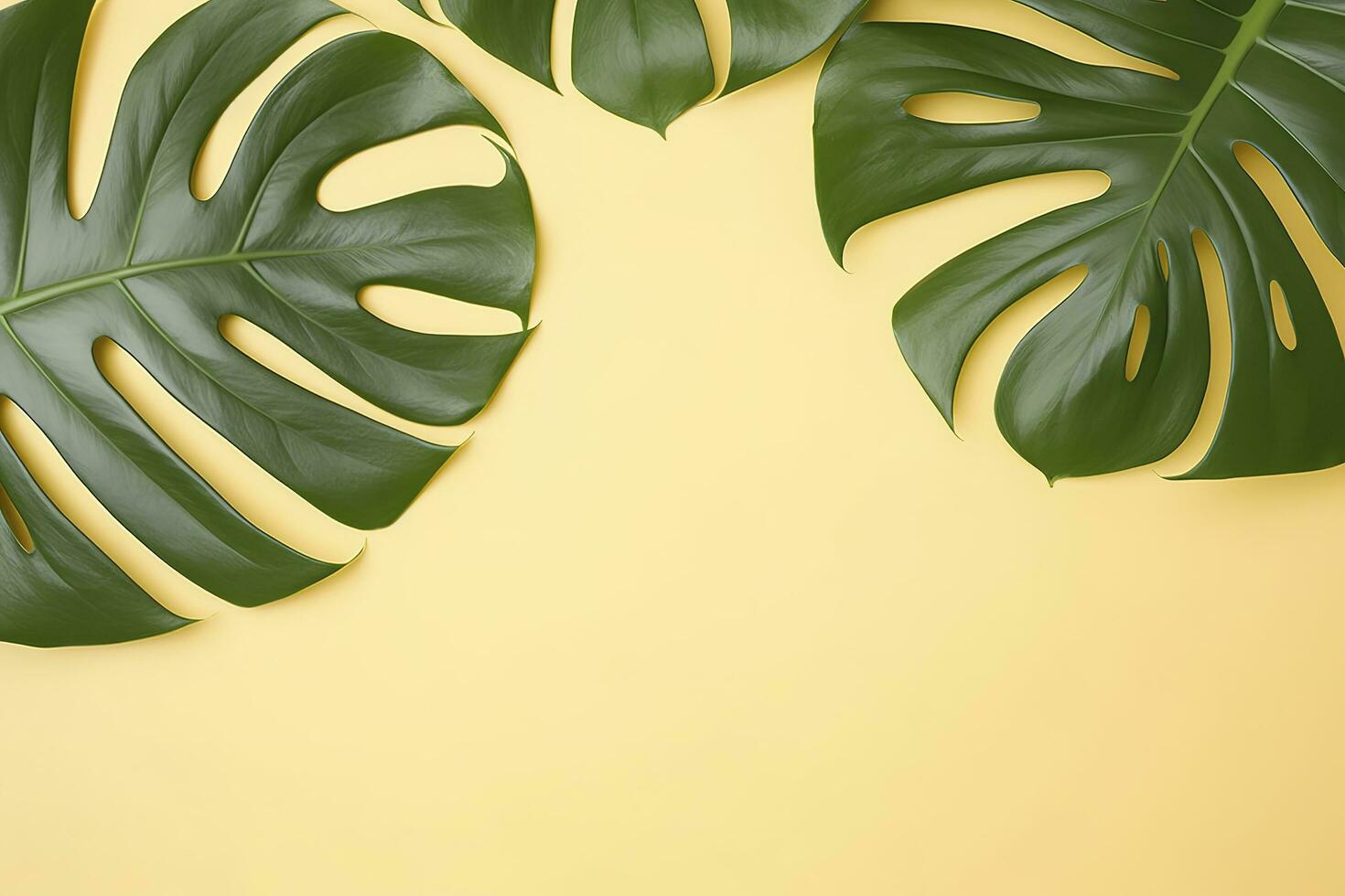 Beautiful tropical palm monstera leaves branch isolated on pastel yellow background, top view, flat lay, overhead above summer beauty blank design concept , generate ai photo