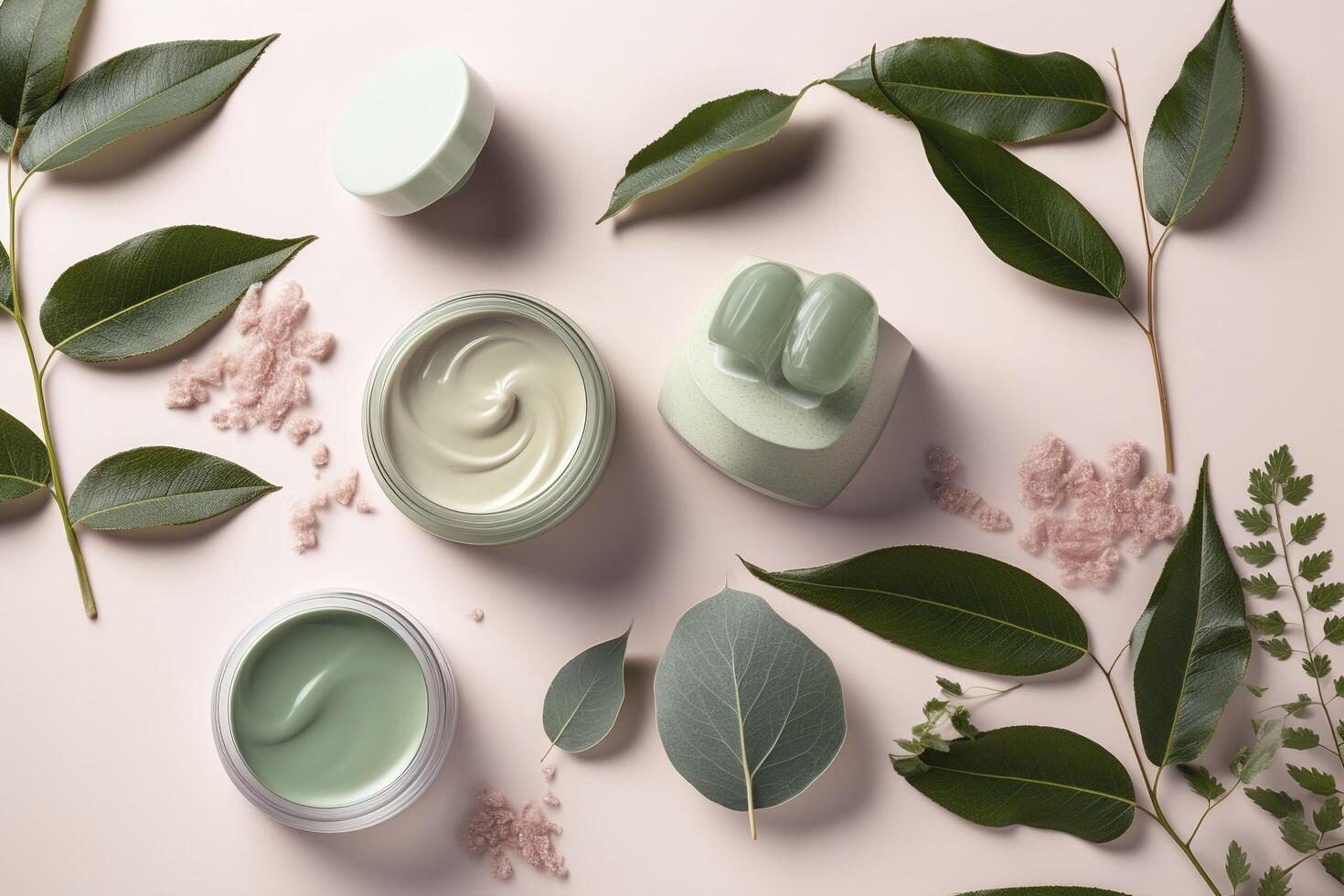 Eco friendly cosmetics decorated with green leaves, organic facial skincare, makeup and skin care cosmetic items. image. photo