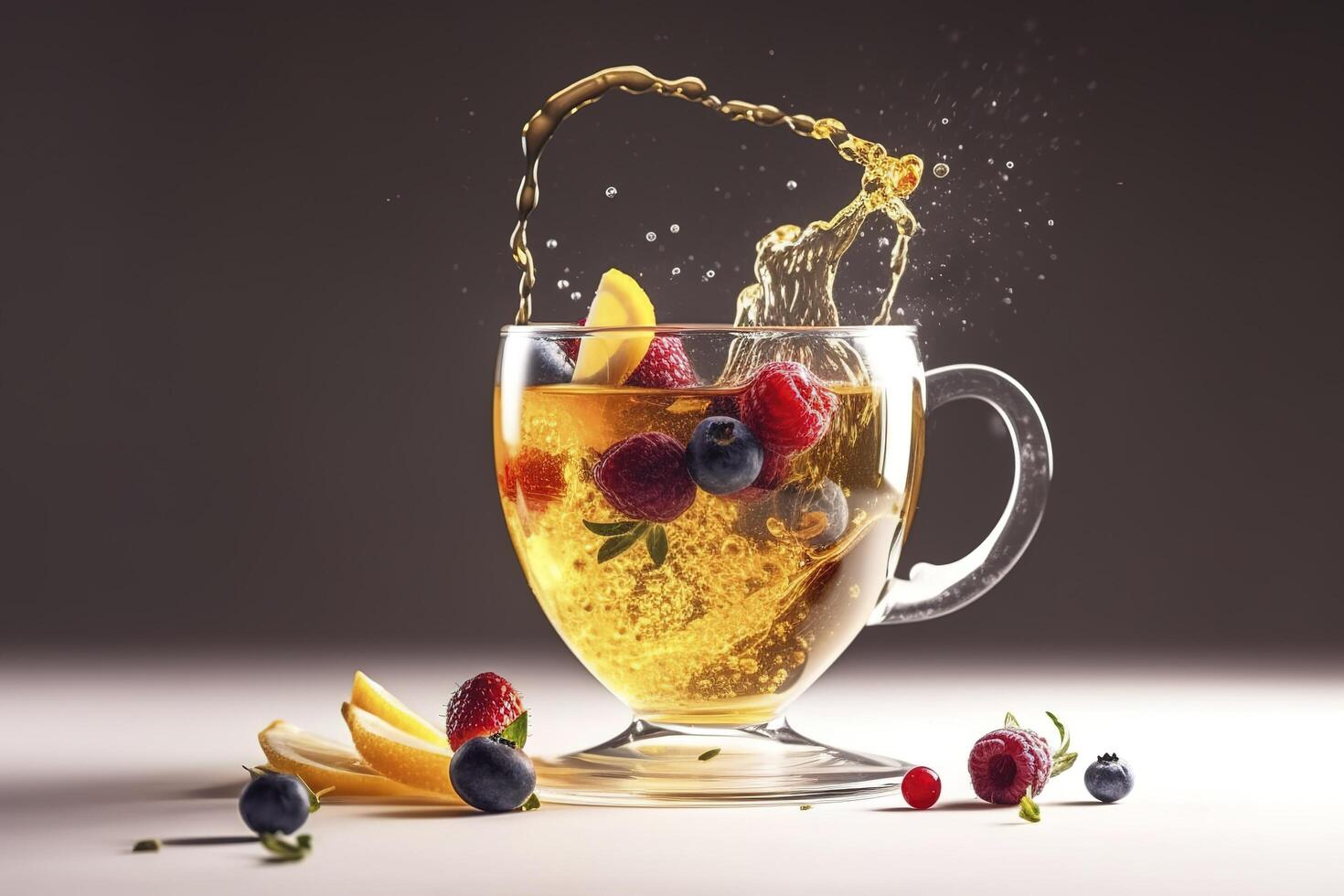 Magic tea concept, levitating effect. Flying ingredients for herbal tea with honey and berries. Tea in transparent glass tea cup, levitation. image photo