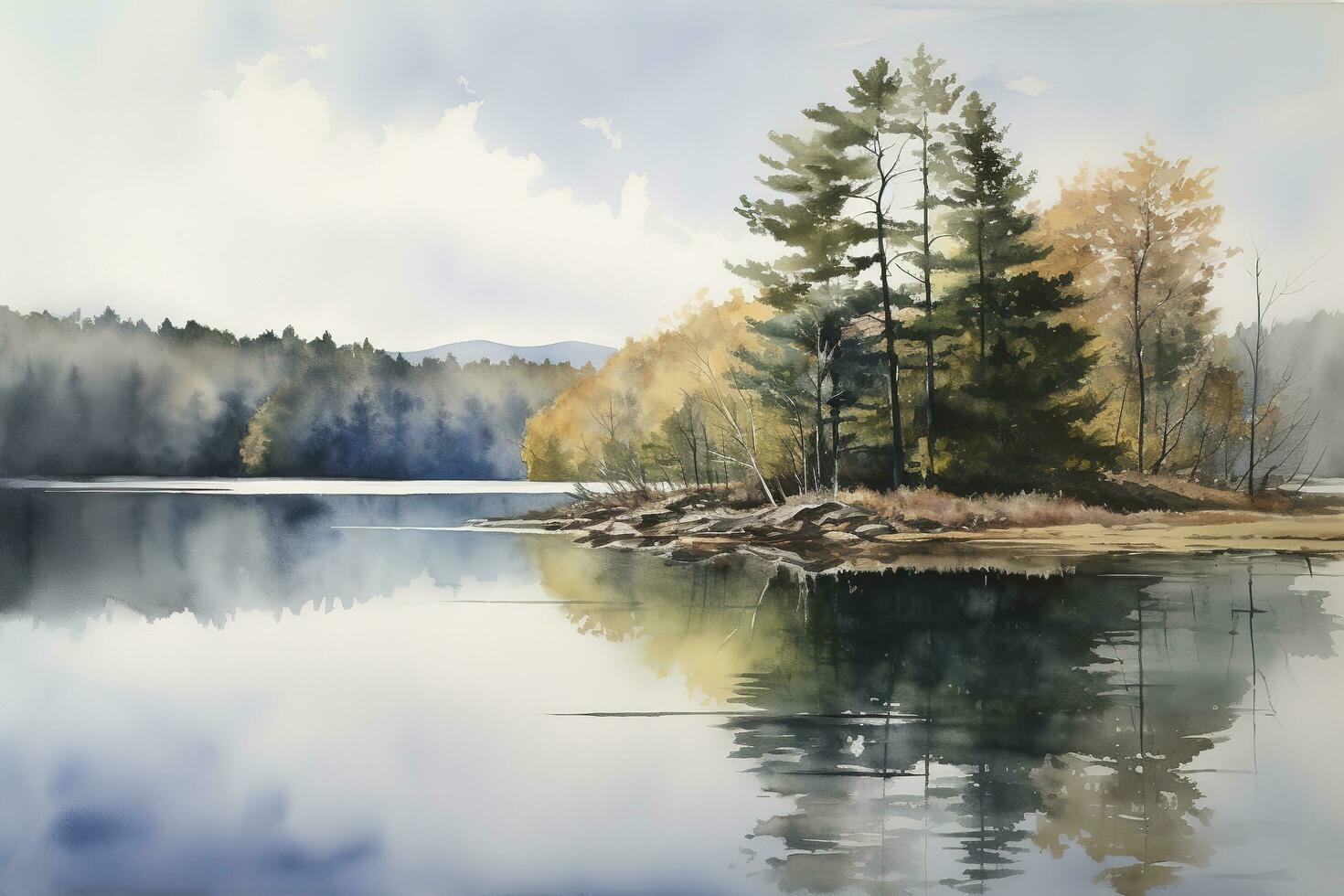 Beautiful watercolor autumn landscape with lush colorful autumnal trees on the shore of calm forest lake or pond at sunny fall day. Digital art painting from my own 3D rendering file , generate ai photo