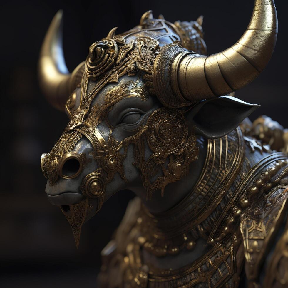 The head of an animal a horned bull made of bronze a monument a statue photo
