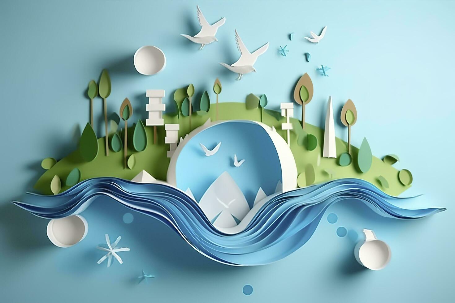 Paper art , Environmental protection and save earth water , Ecology and world water day , Saving water and world Environment day , Generate Ai photo