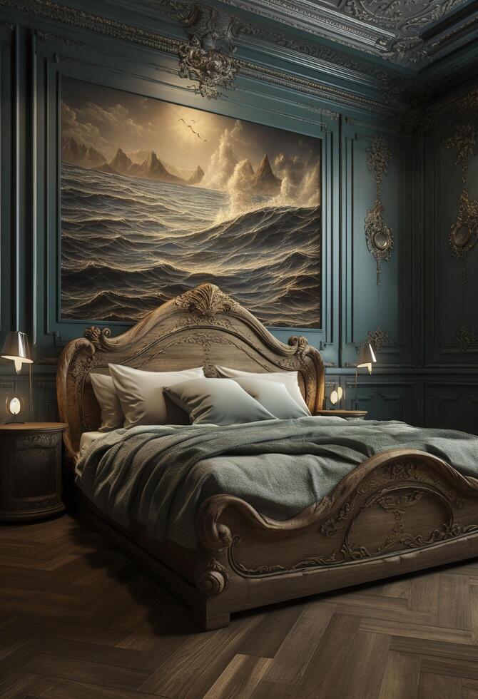 Bedroom melting into the ocean.3D rendering.Created with photo