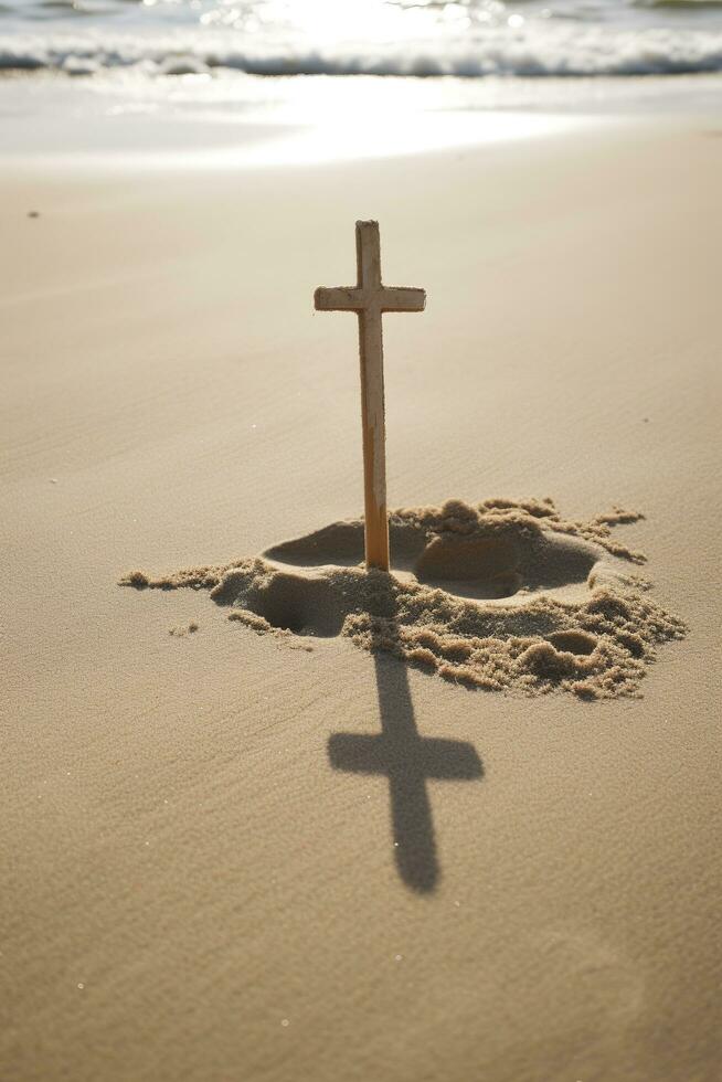 crucifixión de Jesús Cristo - cruzar a atardecer, generar ai foto