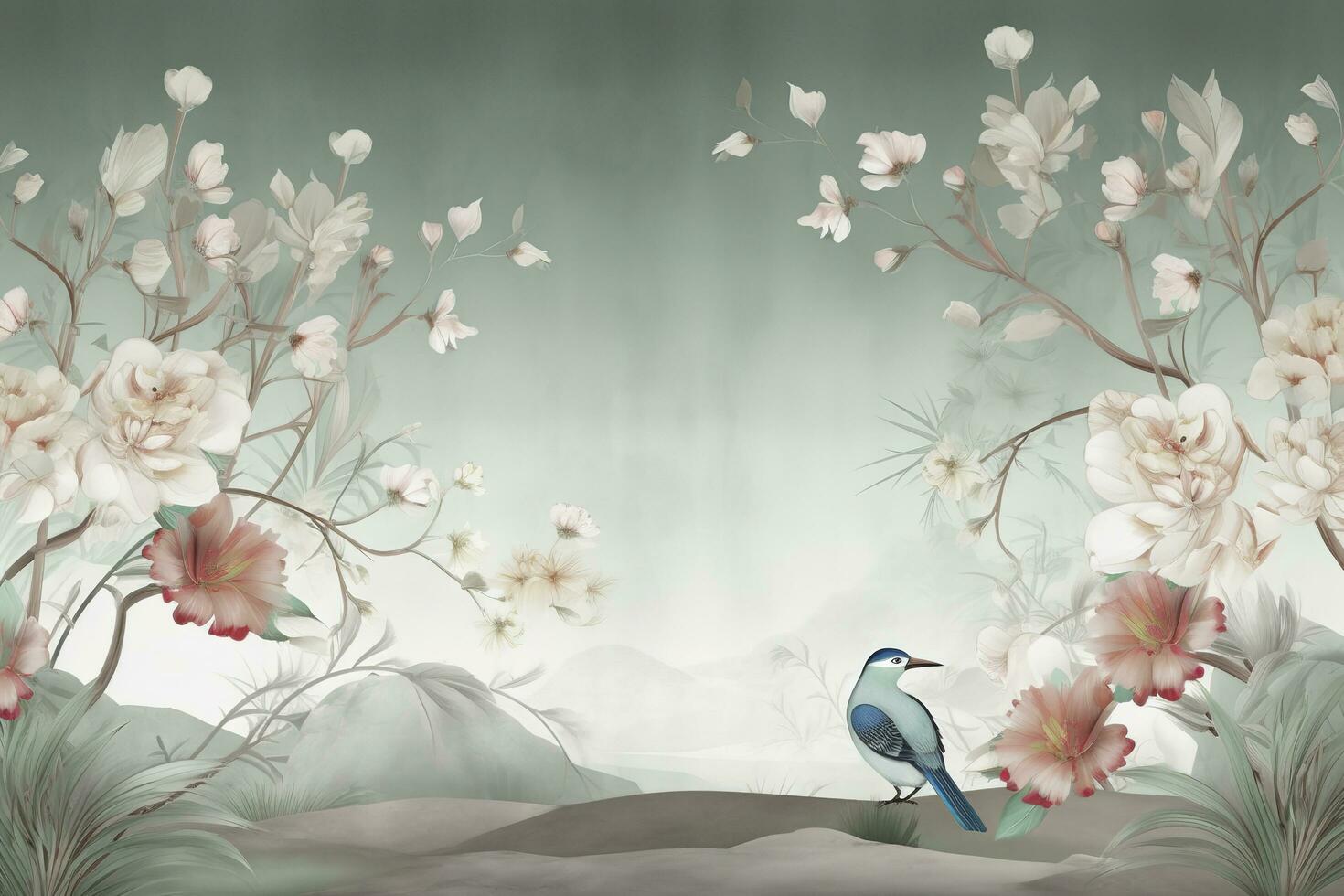 3d floral mural wallpaper with a light simple background. branches of flowers, herbs, birds, and mountains. modern art for wall home decor, generate ai photo