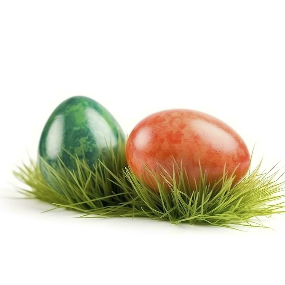 Easter eggs in green grass isolated on white background, generate ai photo