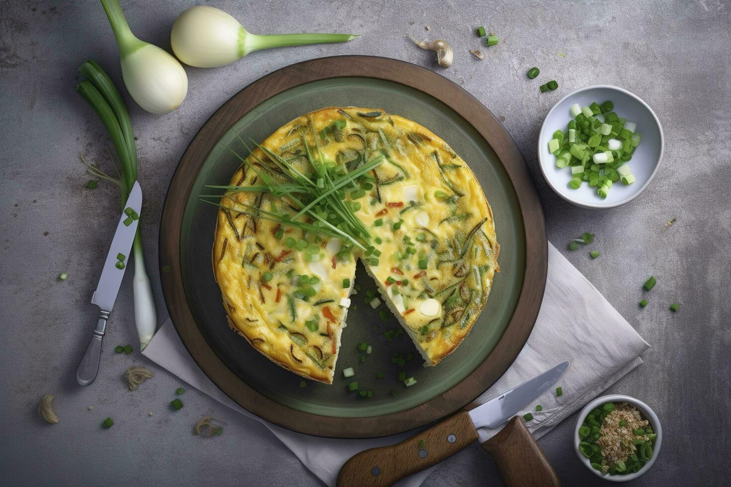 Traditional Italian vegetable frittata with zucchini, spring onion and cheese served as a top view on a Nordic design plate with copy space, generate ai photo