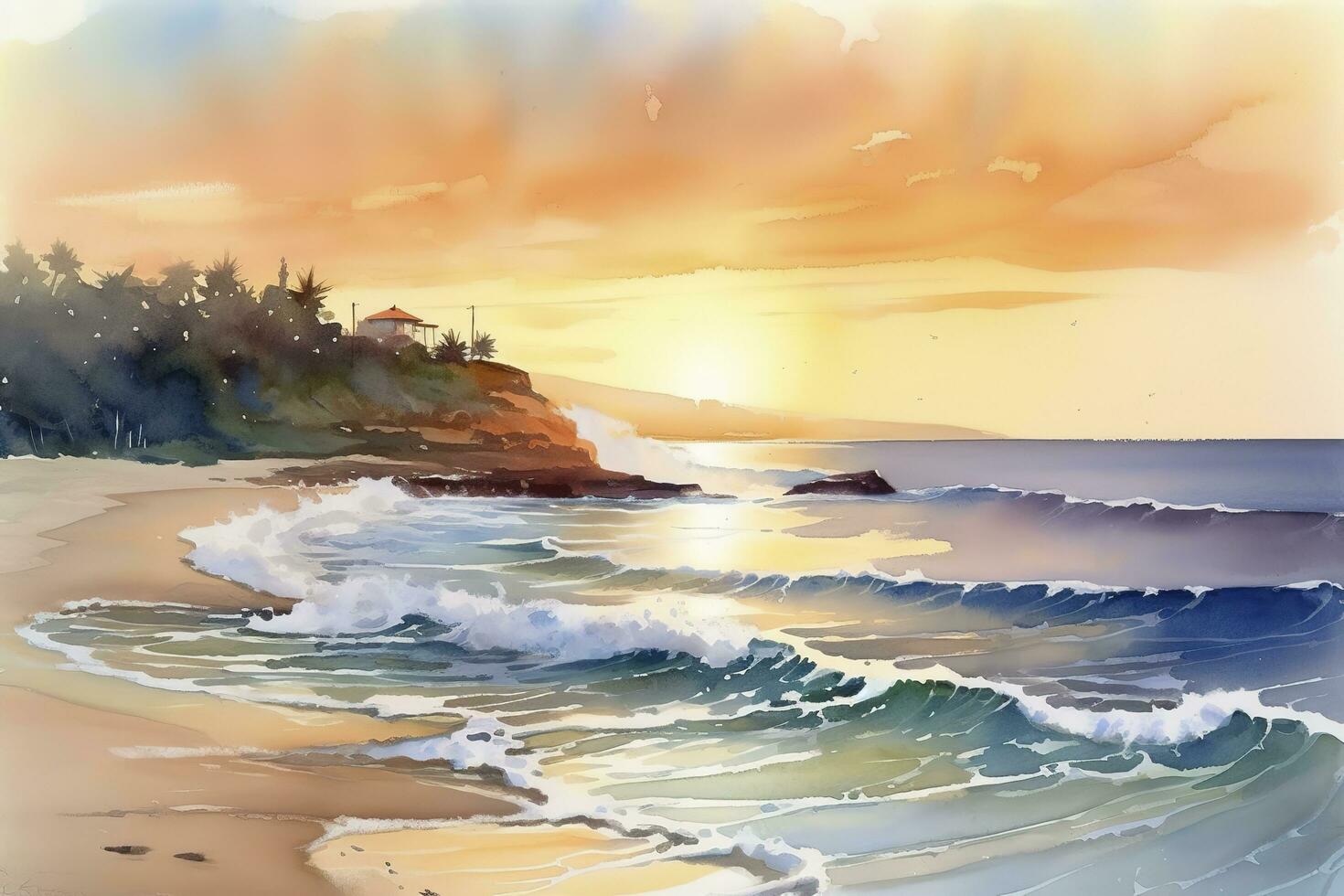 watercolor painting of a coastal scene, including rolling waves, sandy beaches, and a colorful sky at sunrise or sunset, generate ai photo