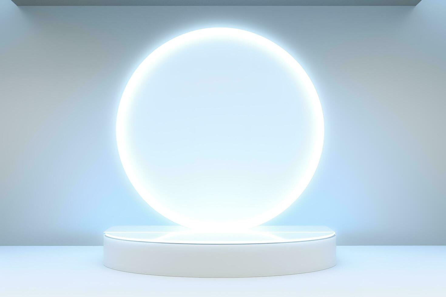 Abstract 3D silver cylinder pedestal podium floating on air with glowing neon ring background. Silver wall scene for product display presentation. rendering geometric platform, generate ai photo