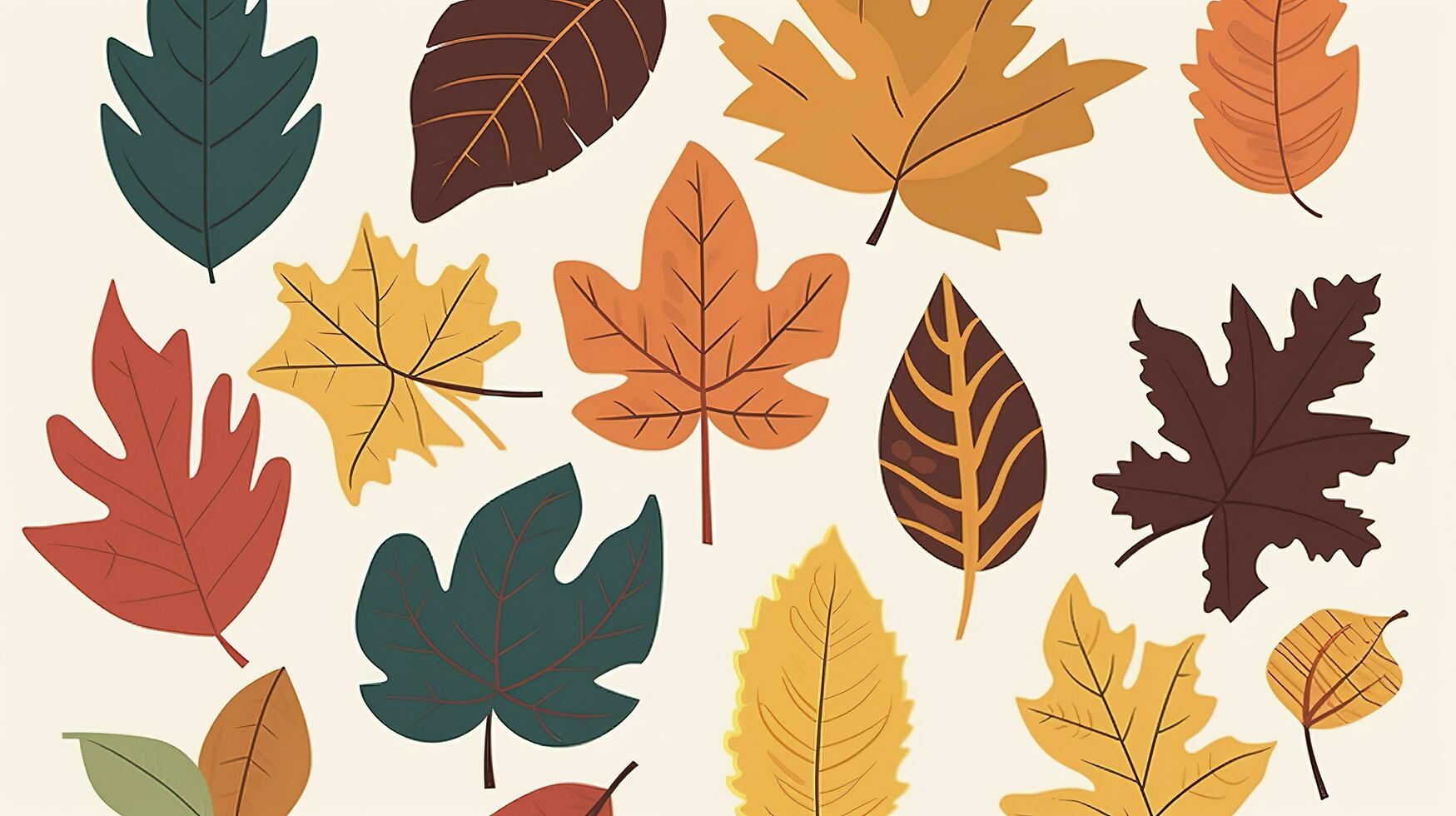 Autumn leaves set. Autumnal yellow leaf, forest nature orange leafage and september red leaves. Chestnut, dog rose and viburnum or foliage leaf. Flat isolated icons, generate ai photo