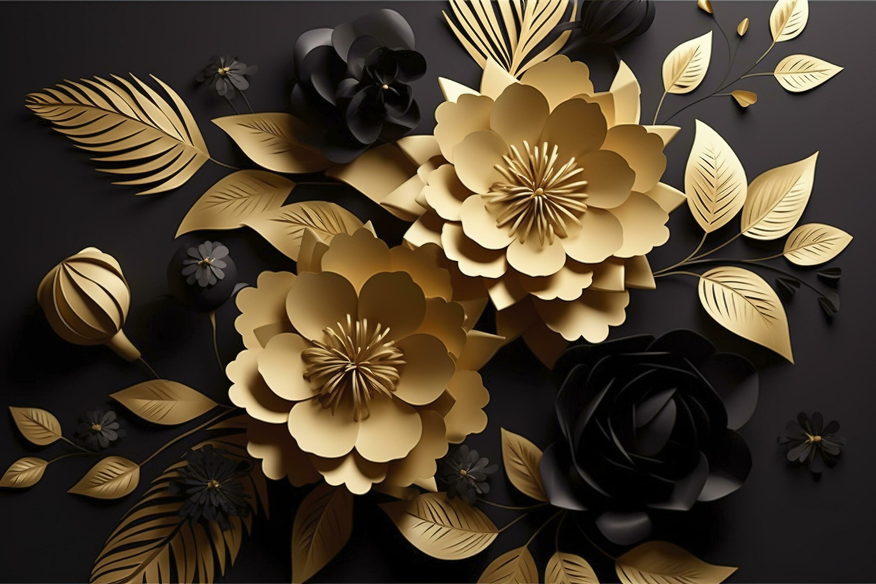 3d mural floral wallpaper. golden and black flowers and leaves. 3d render  background wall decor, generate ai 24472895 Stock Photo at Vecteezy