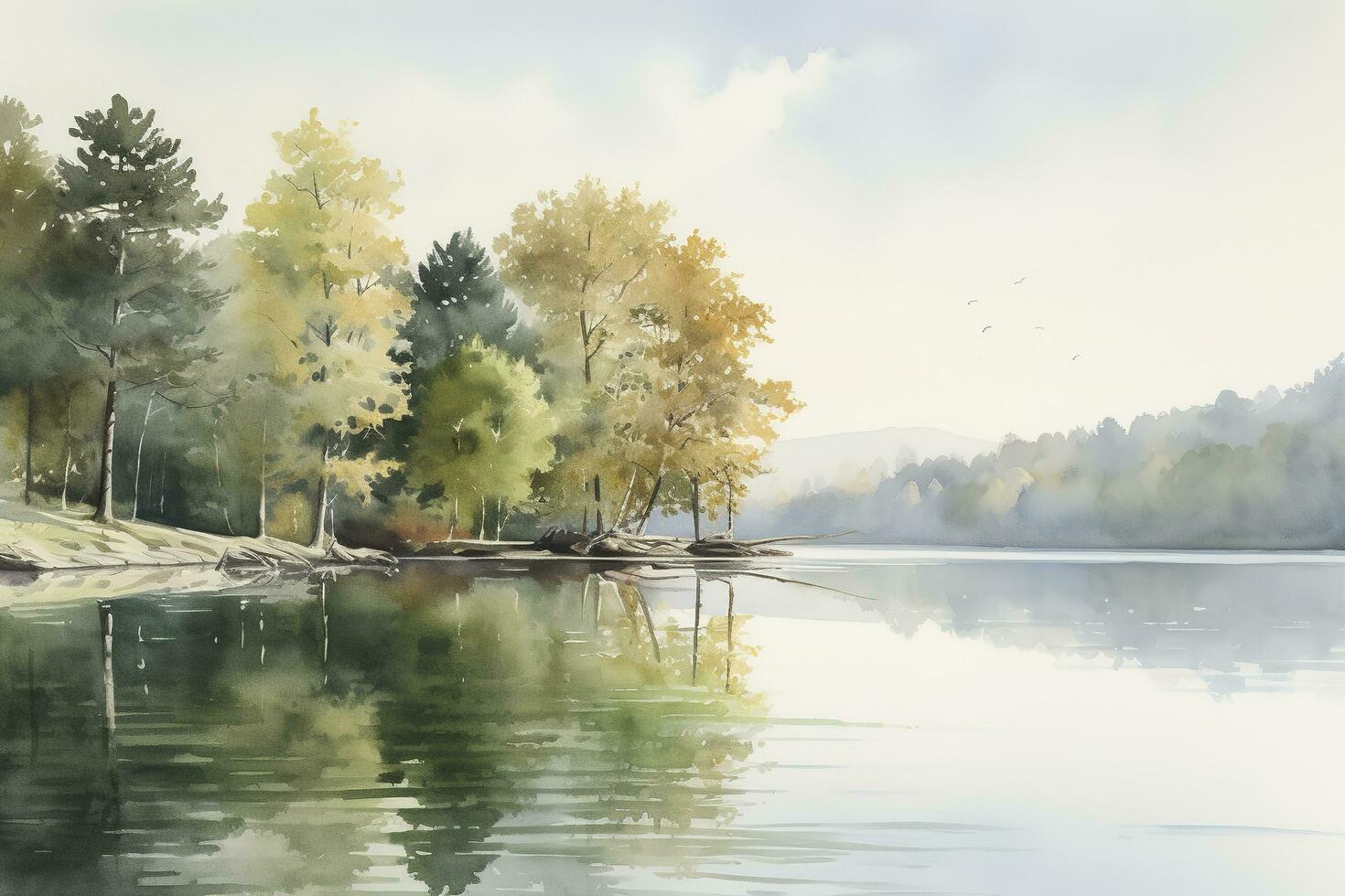 Beautiful watercolor autumn landscape with lush colorful autumnal trees on the shore of calm forest lake or pond at sunny fall day. Digital art painting from my own 3D rendering file , generate ai photo