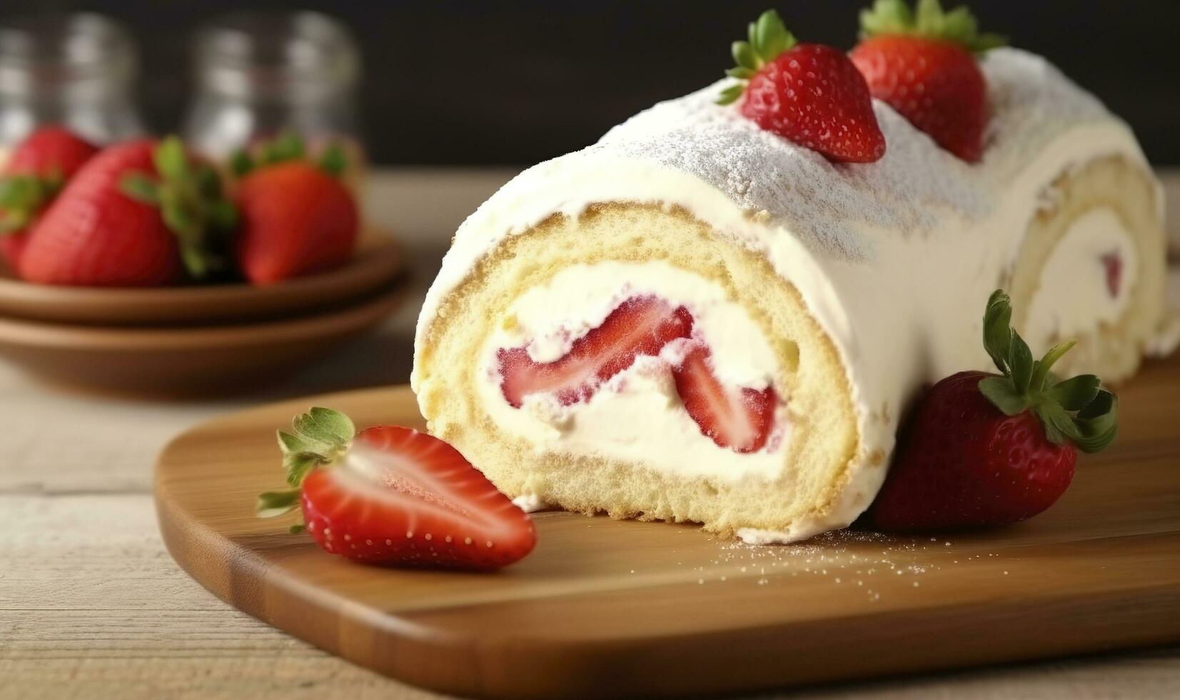 Delicious cake roll with strawberries and cream on wooden board, closeup, generate ai photo