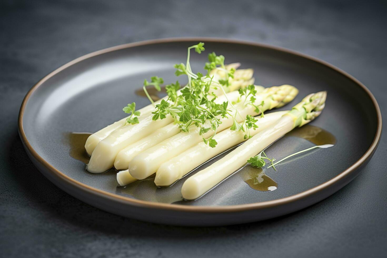 Modern Style Traditional Steamed White Asparagus with Cured Ham and Hollandaise Sauce Served as Top View on a Nordic Design Plate with Copy Space, generate ai photo