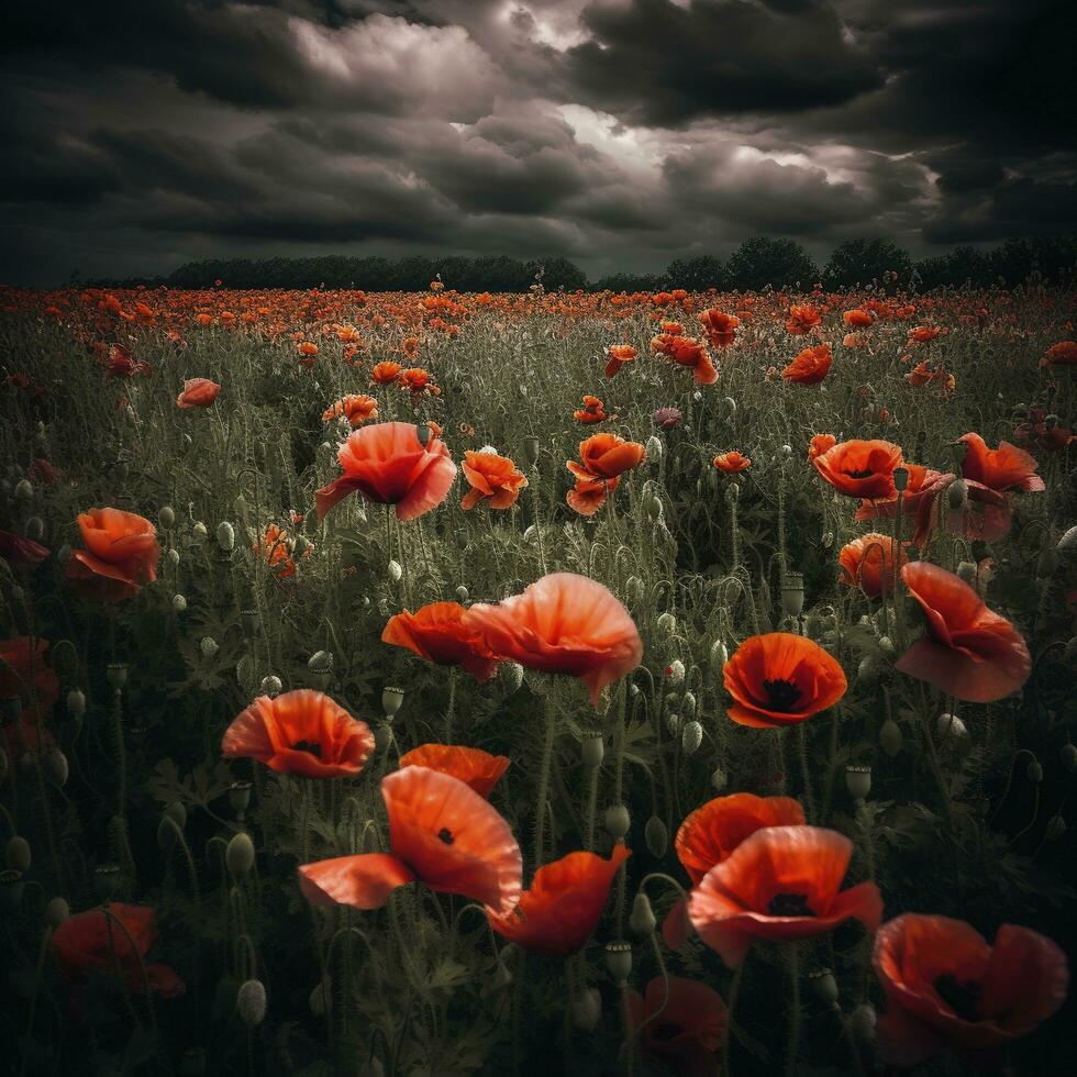 Dramatic Poppy flowers field. Anzac day banner. Remember for Anzac, Historic war memory. Anzac background. Poppy field, Remembrance day. , generate ai photo