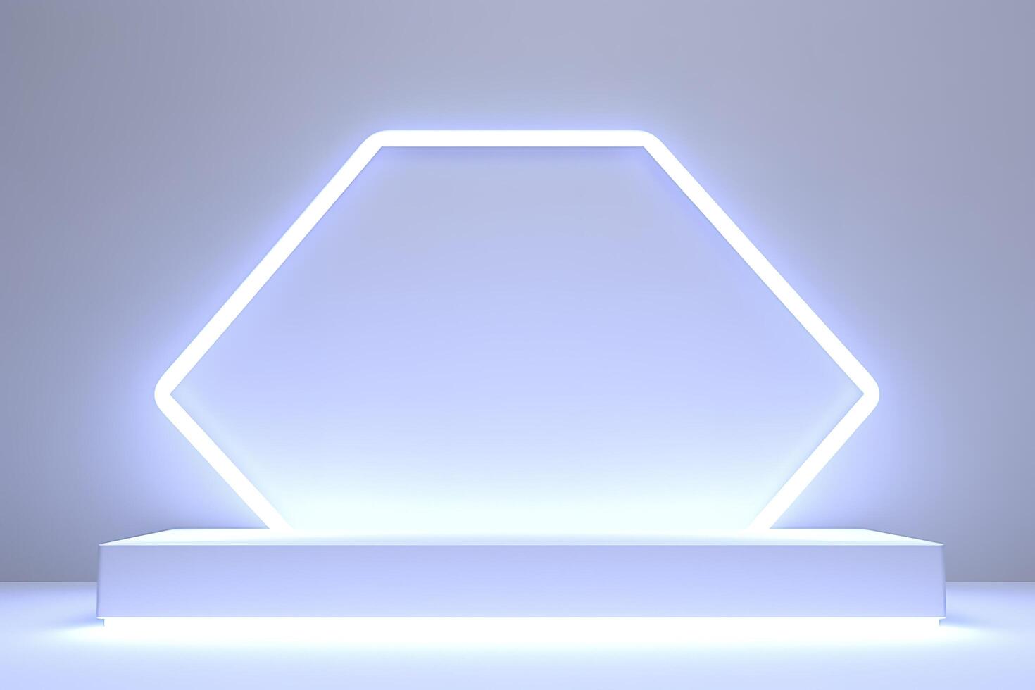 Realistic podium display with neon white lights, Product display background with light frame, White prodium product display with light effect, neon lights background, generate ai photo
