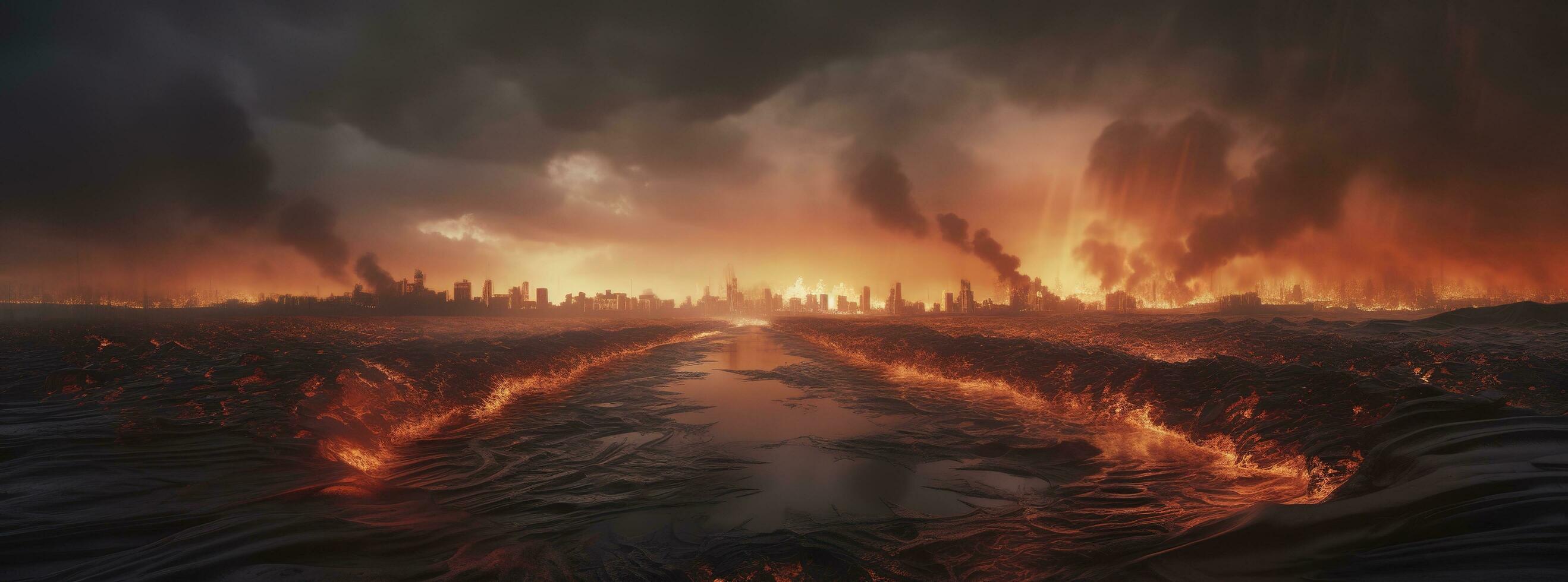 Post apocalypse. Nuclear apocalypse survivor. Ruined Cityscape. Concept. Banner size. Header, A nuclear explosion in the center of the metropolis. The beginning of apocalyptic, generate ai photo