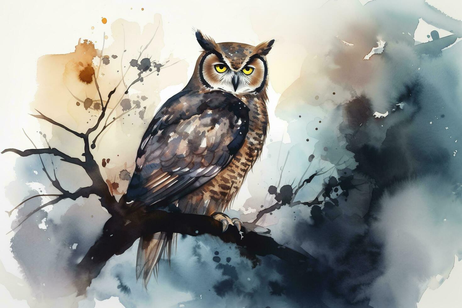 An owl perched on a tree branch in the moonlight watercolor painting, beautiful natural forms, crisp clean shapes, colorful, white background, generate ai photo