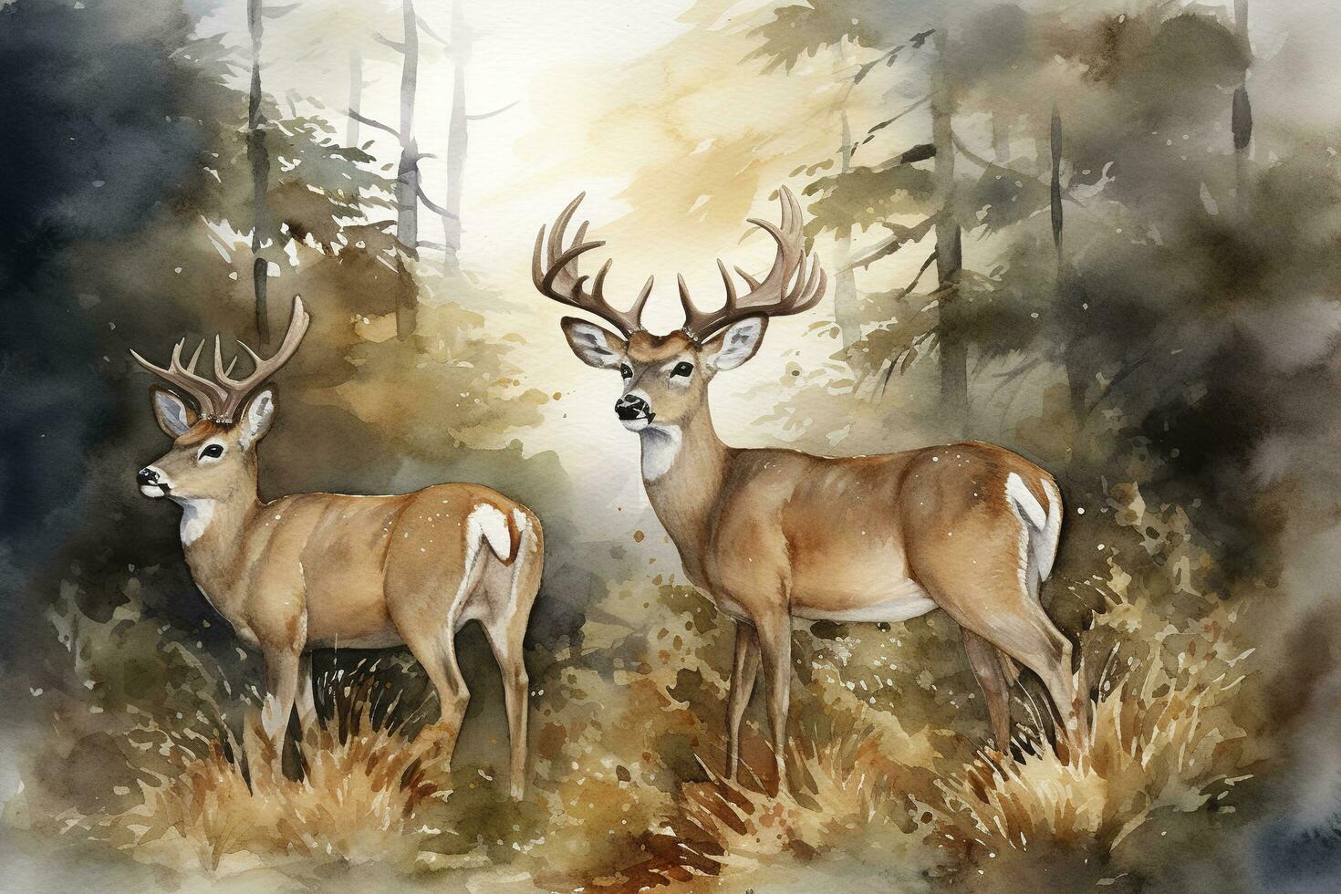 A family of deer in a forest clearing watercolor, generate ai photo