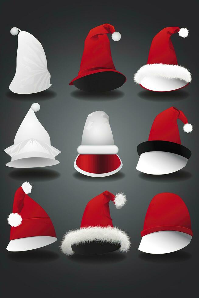 Set of Red Santa Claus Hats Isolated, generate ai photo