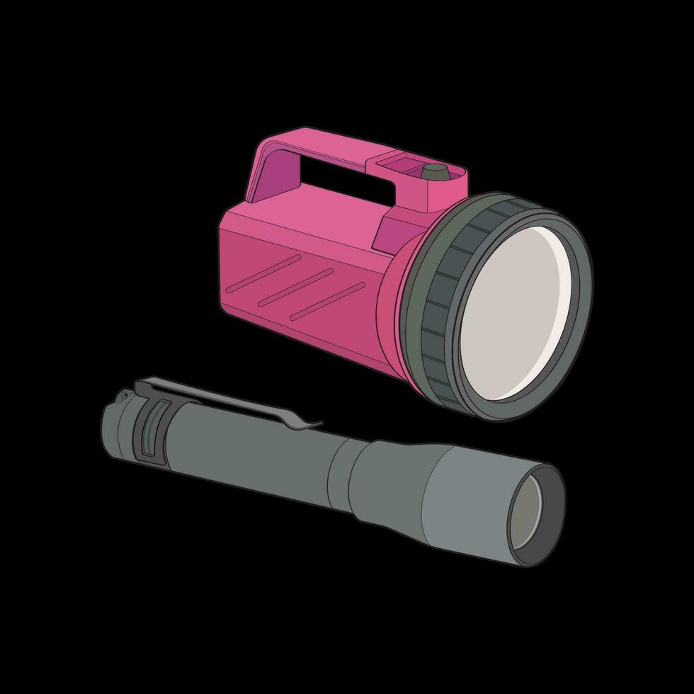 Flashlight of light vector flat set icon. Flashlight lighting with spotlight or flash. Illustration set of flashing light lantern isolated on black background. Vector illustration, EPS 10.