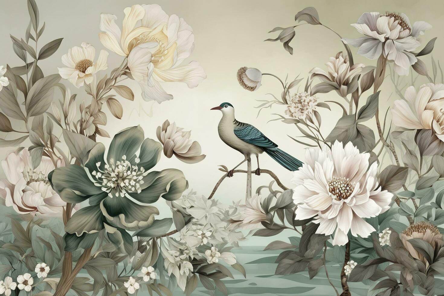 3d floral mural wallpaper with a light simple background. branches of flowers, herbs, birds, and mountains. modern art for wall home decor, generate ai photo