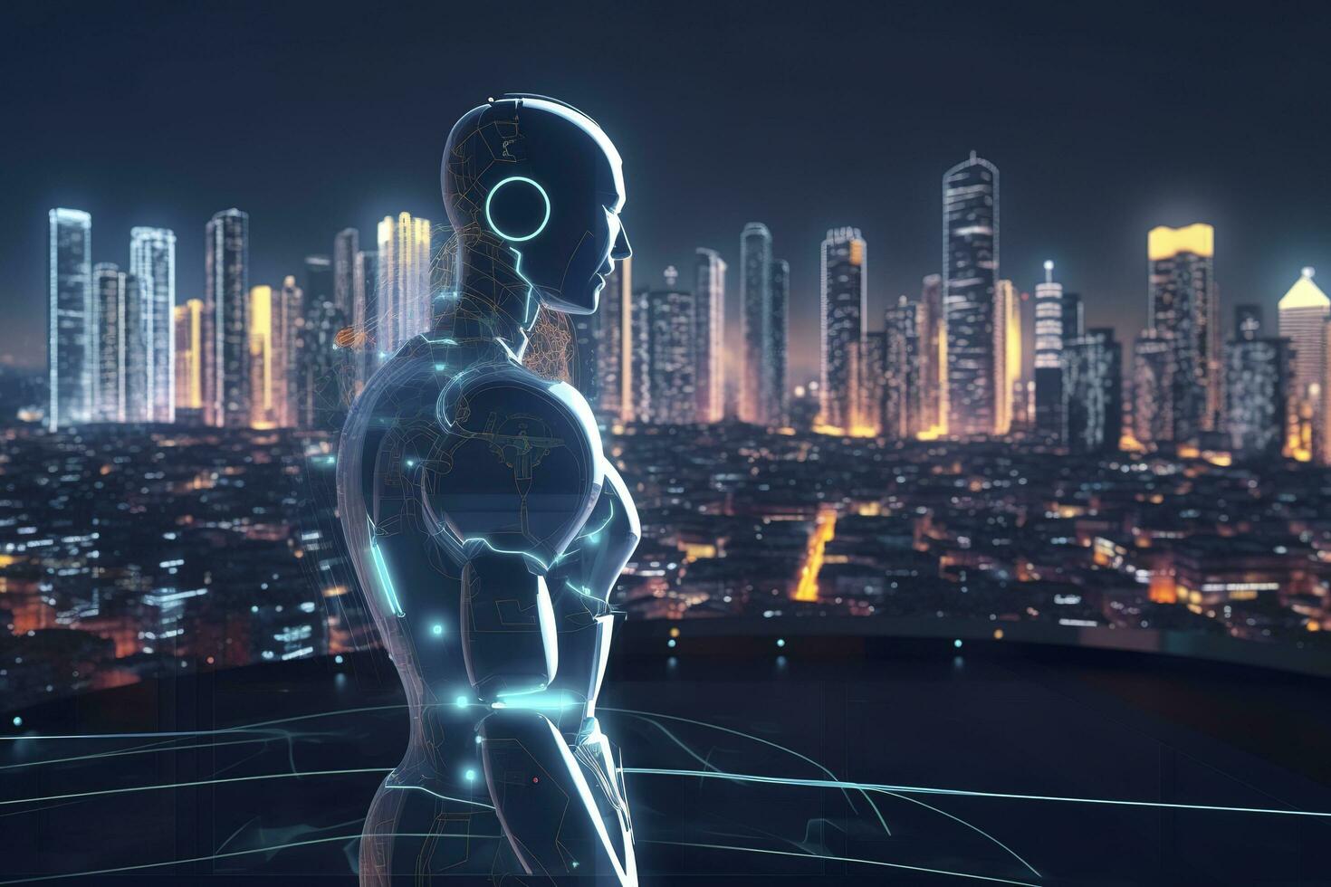 Smart City with robot system artificial intelligence , Chat GPT chatbot AI , Chatting with a smart AI or artificial intelligence chatbot developed by OpenAI , Generate AI photo
