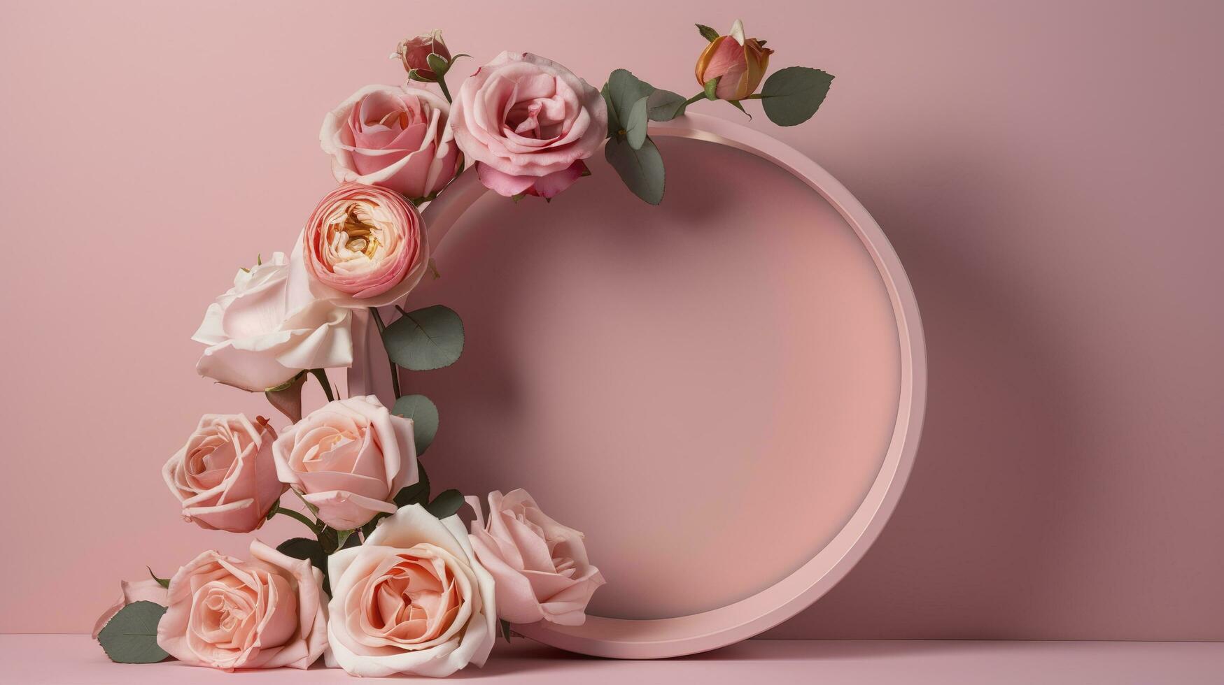 Women's Day concept. Top view photo of white circle pink peony rose and heart shaped sprinkles on isolated pastel pink background with copyspace, generate ai