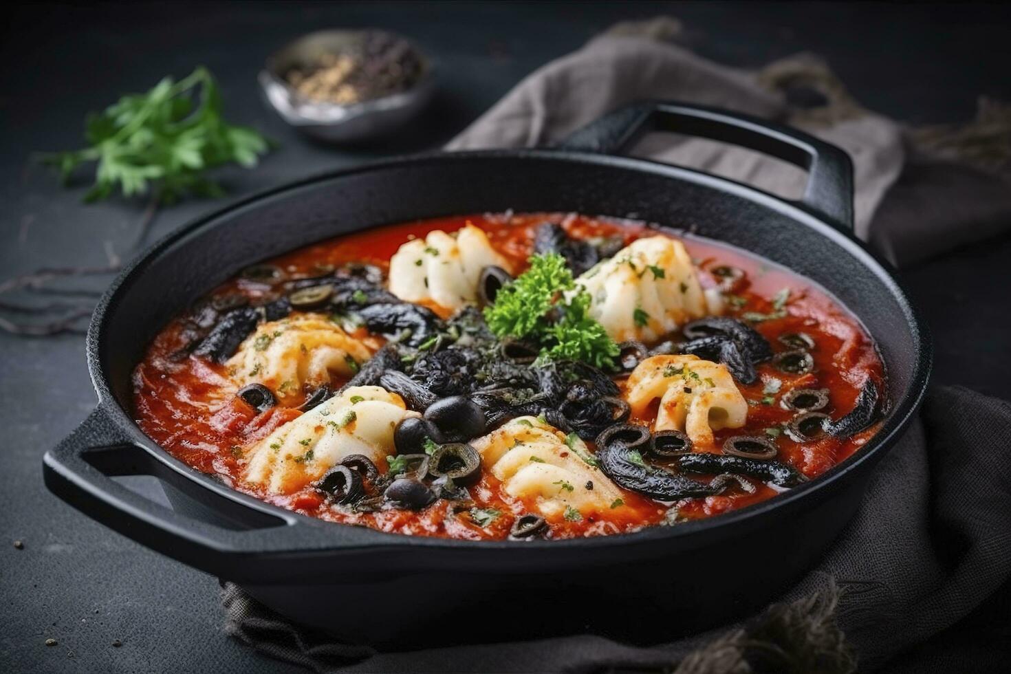 Traditional Italian spaghetti al nero di seppia with squid ink in tomato sauce served as close-up in a cast-iron pan on a wooden board, generate ai photo