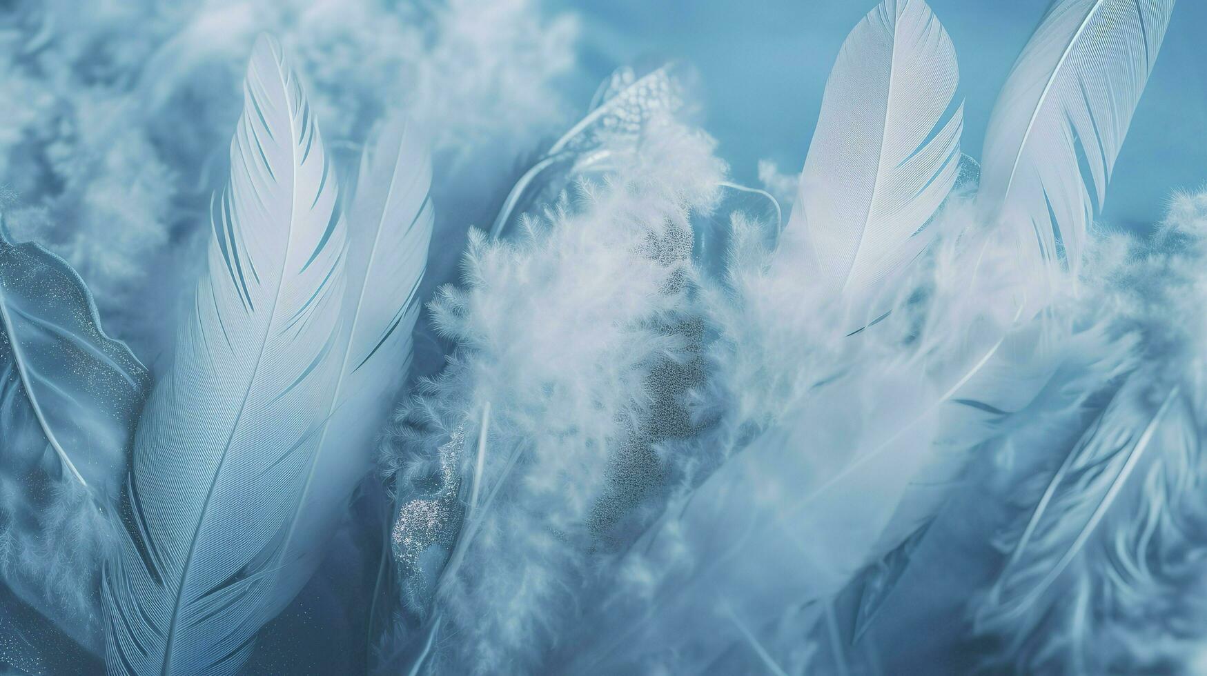 a bright blue background with one white feather, in the style of soft and dreamy pastels, glimmering light effects, nature inspired imagery, fairycore, soft focal points, generate ai photo