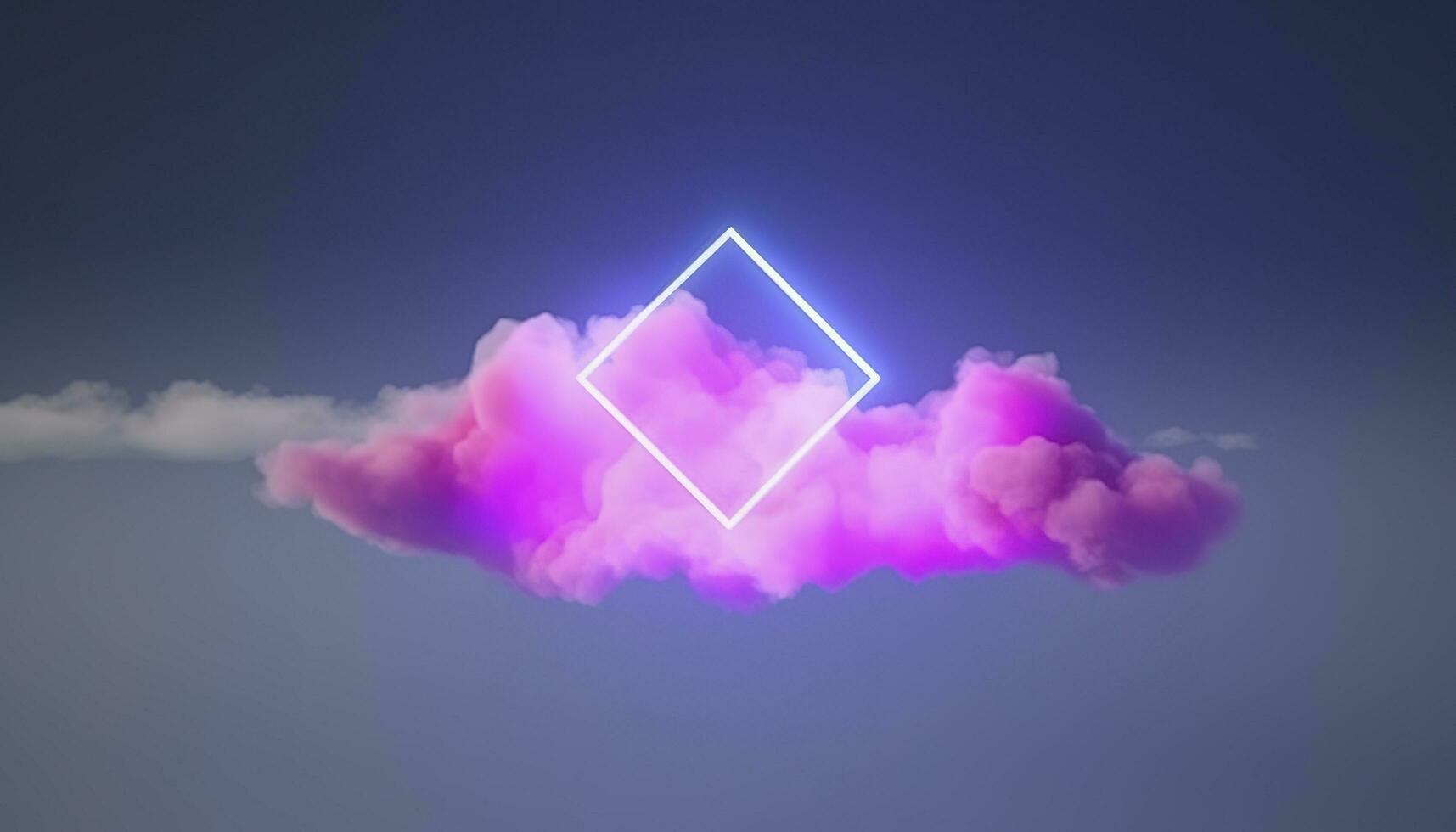 3d render, abstract minimal background with pink blue yellow neon light square frame with copy space, illuminated stormy clouds, glowing geometric shape, generate ai photo