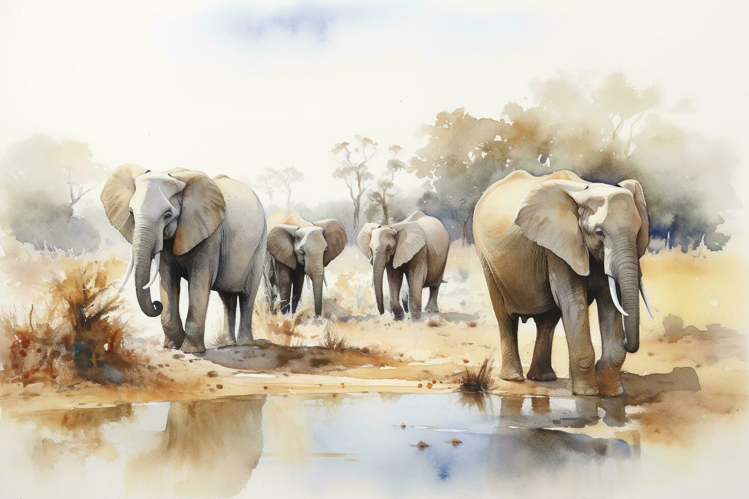un grupo de elefantes reunido alrededor un riego agujero acuarela cuadro, hermosa natural formularios, crujiente limpiar formas, vistoso, blanco fondo, generar ai foto