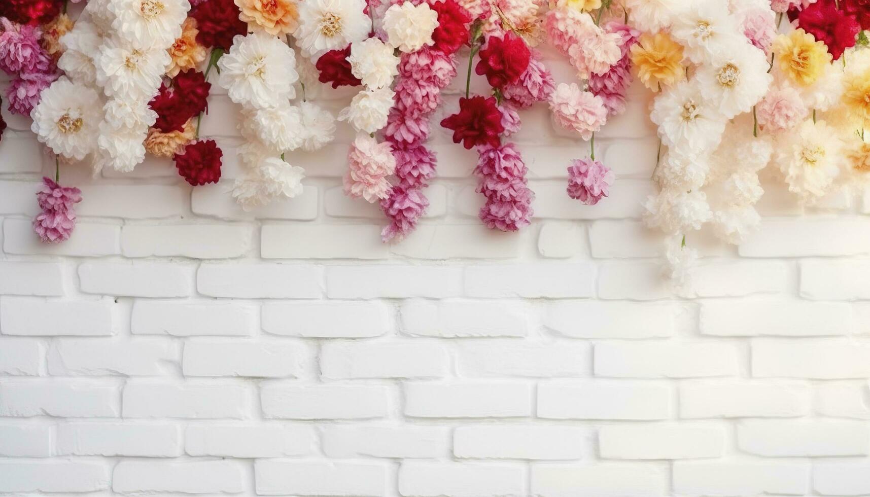 Flower texture background for wedding scene. Flowers on white brick wall with free space for text. Wedding or party decoration. Floral arrangement, floristics setting, generate ai photo