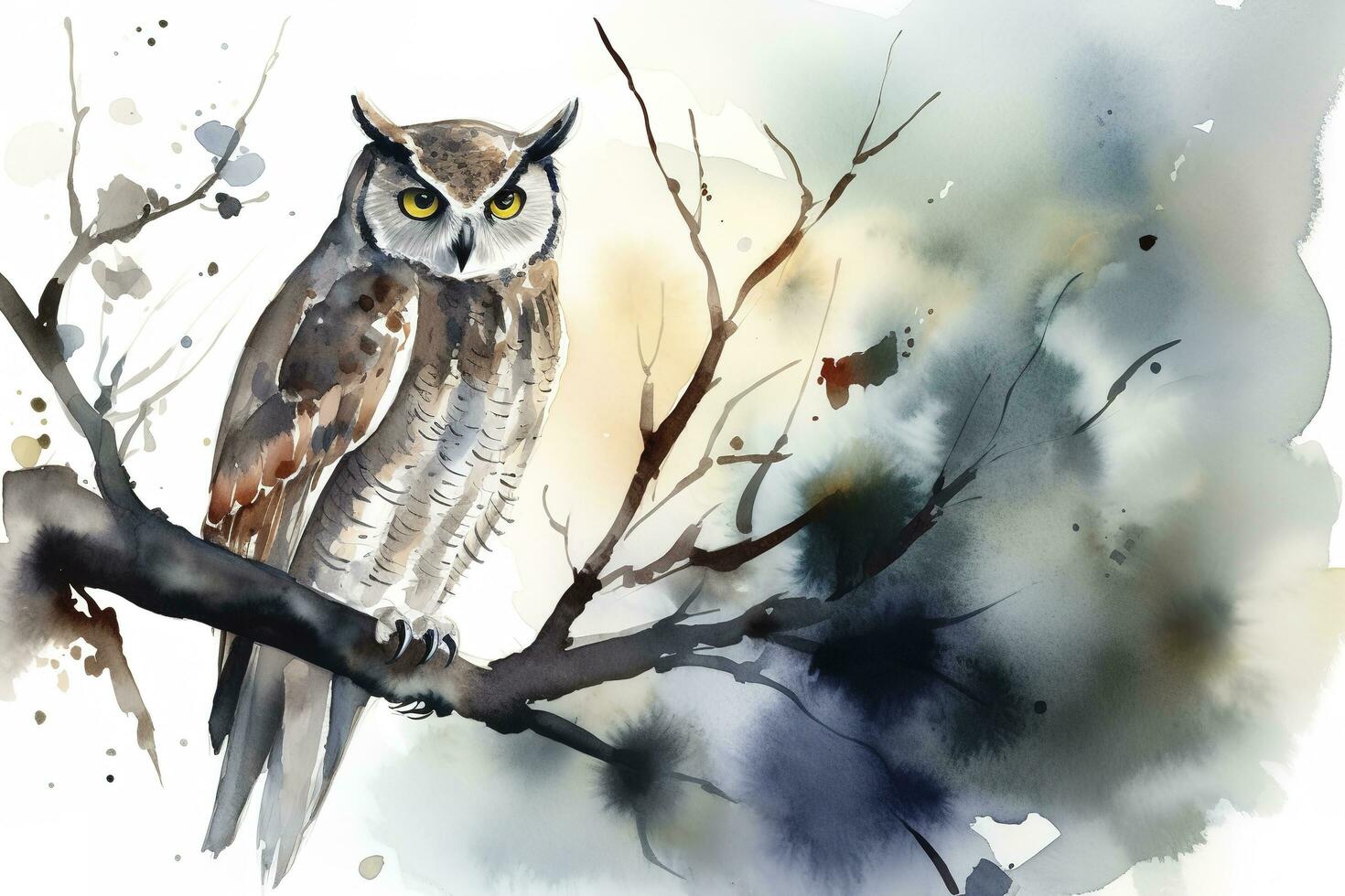 An owl perched on a tree branch in the moonlight watercolor painting, beautiful natural forms, crisp clean shapes, colorful, white background, generate ai photo