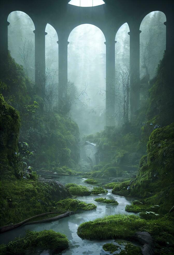 underground tunnel, vegetation, trees, water, river, abandoned tunnel, hyper-realist photography, extra sharp view, deep perspective, super detailed, intricate details, sharp, generate ai photo