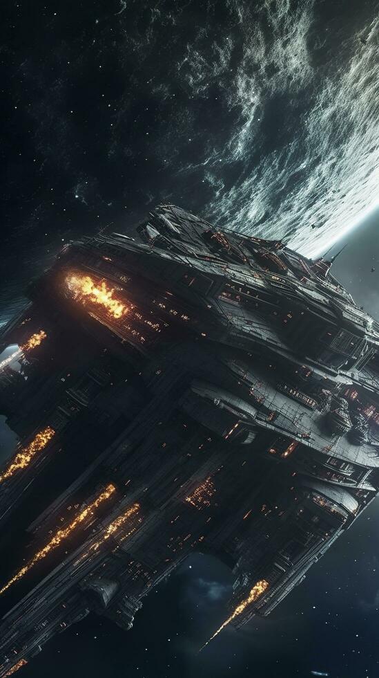 Cinematic Still, intense space battle between two massive battleships, starry sky, nebulae, galaxies, HDR futuristic space battleship destroyers traveling through an asteroid field, generate ai photo