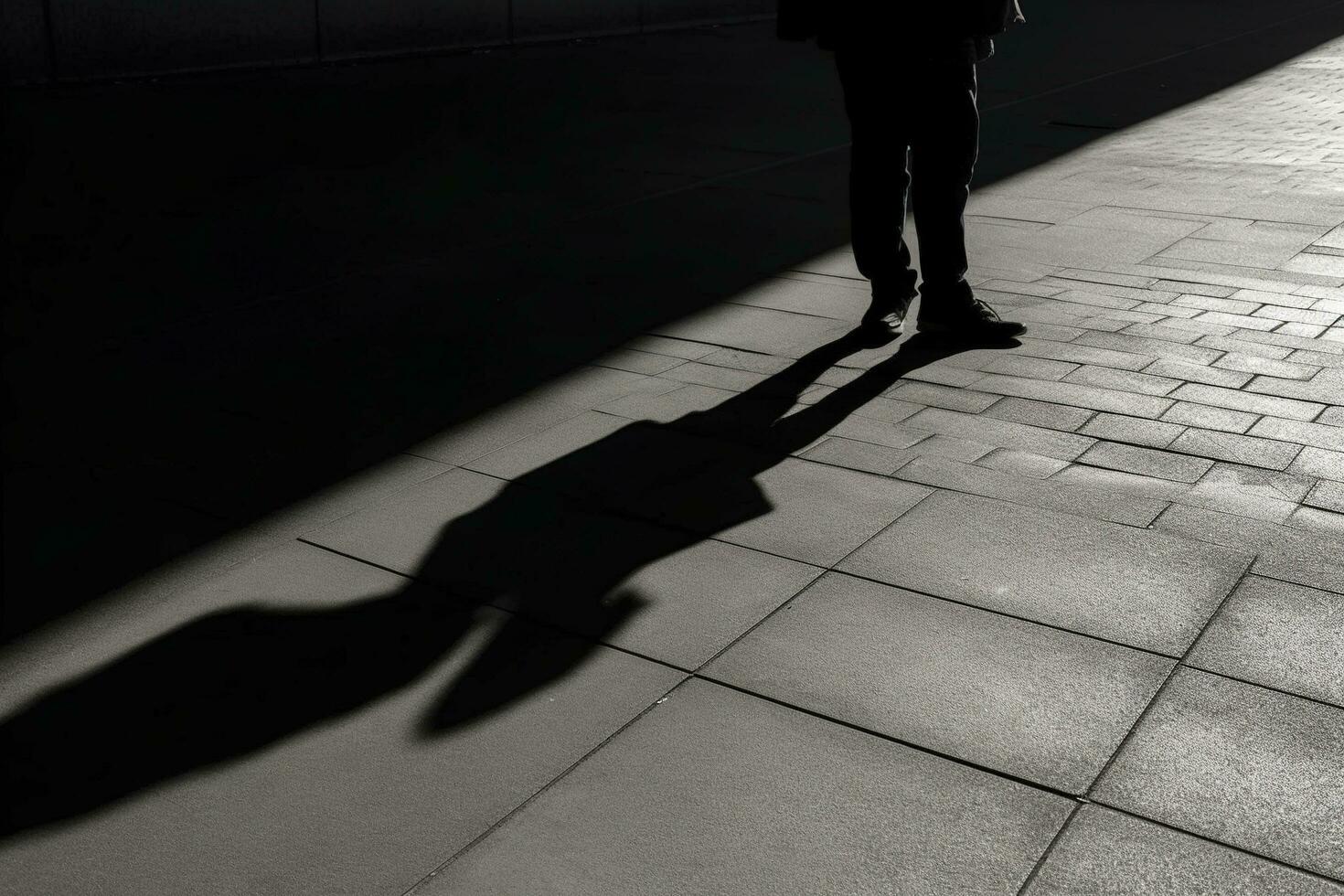 oscuro sombra de un solitario persona en el suelo en el calle. desconocido con un cigarrillo. ansiedad, depresión, soledad, temor concepto, generar ai foto