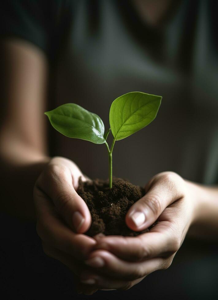 A child holding a plant in their hands with a green background and sunlight shining through the leaves on the plant, generate ai photo