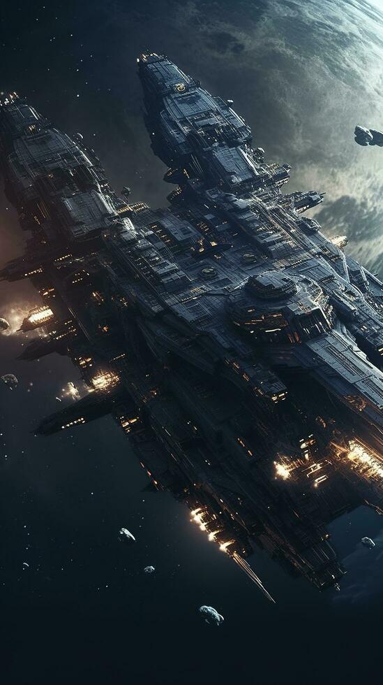 Cinematic Still, intense space battle between two massive battleships, starry sky, nebulae, galaxies, HDR futuristic space battleship destroyers traveling through an asteroid field, generate ai photo