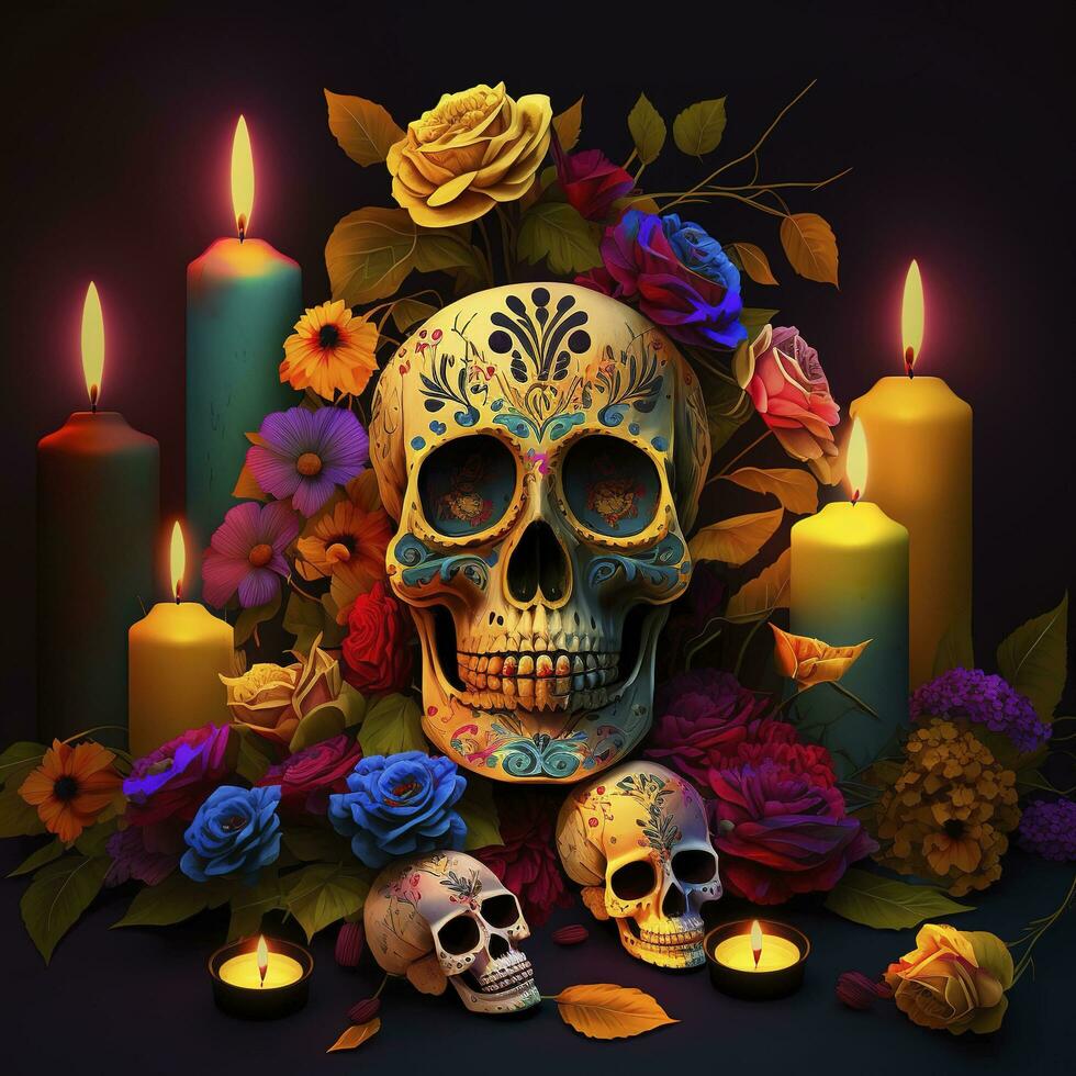 Day of the Dead skulls. Dia de los Muertos. Day of the Dead and Mexican Halloween background. Mexican tradition festival. Day of the dead sugar skull. Dia de los Muertos, generate ai photo