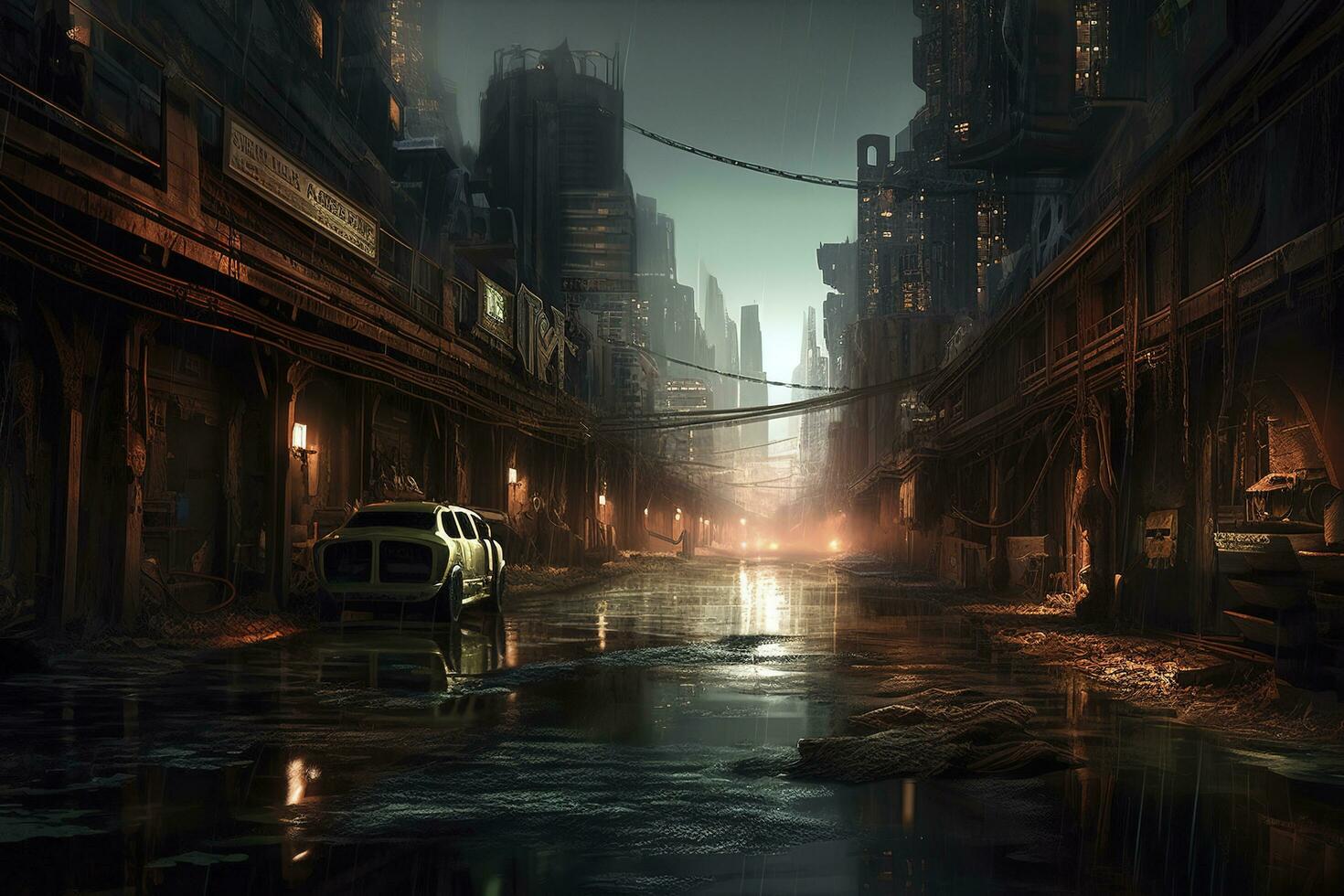 Apocalyptic futuristic city concept art background , city, building, skyline, town, generate ai photo