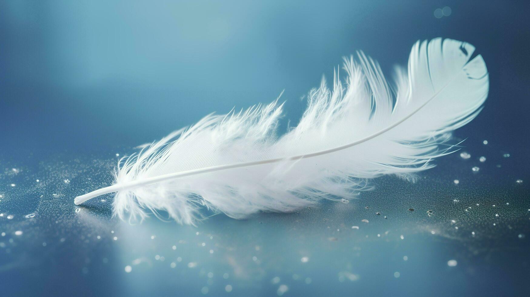 a bright blue background with one white feather, in the style of soft and dreamy pastels, glimmering light effects, nature inspired imagery, fairycore, soft focal points, generate ai photo