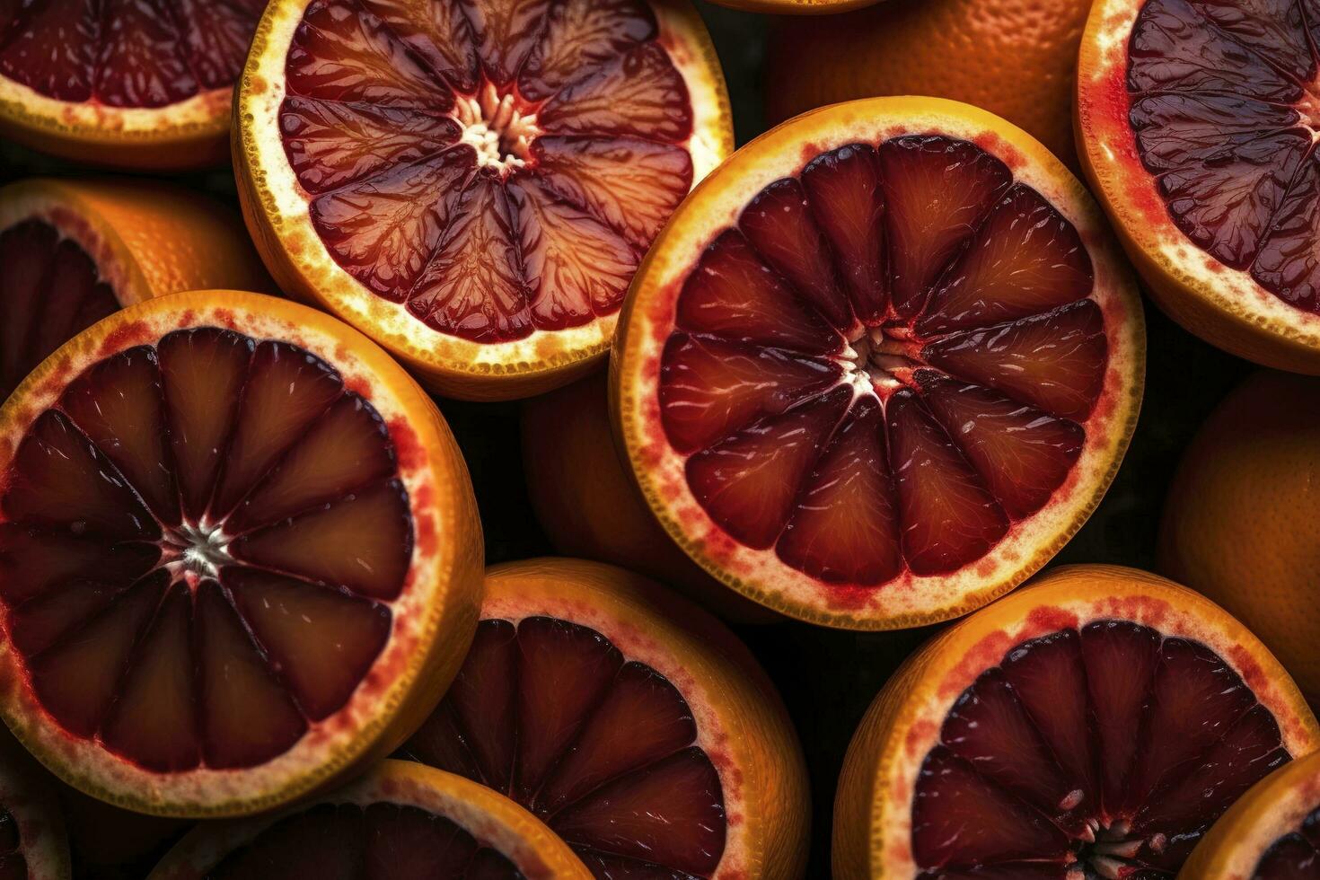 Many slices of juicy blood orange fruits as background, generate ai photo