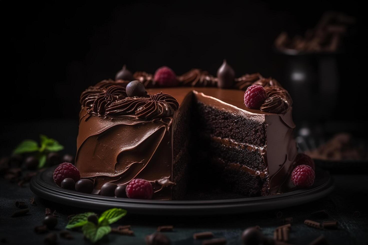 Tasty homemade dark chocolate cake with dark background. photo