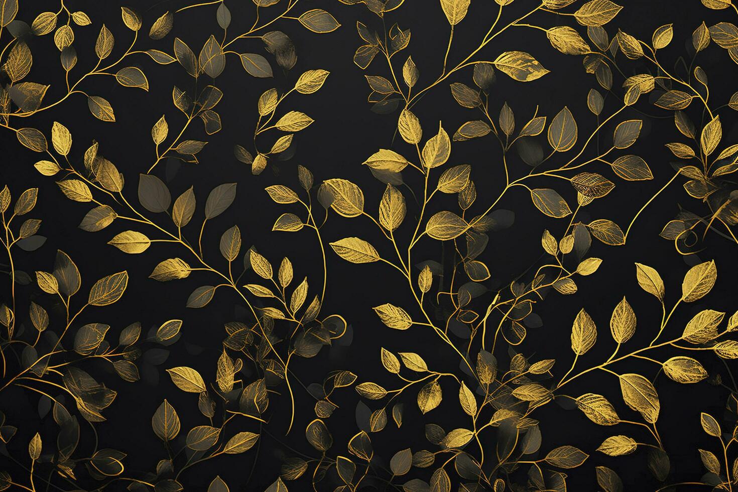 3d wallpaper mural. golden branches leave. black art background, generate ai photo