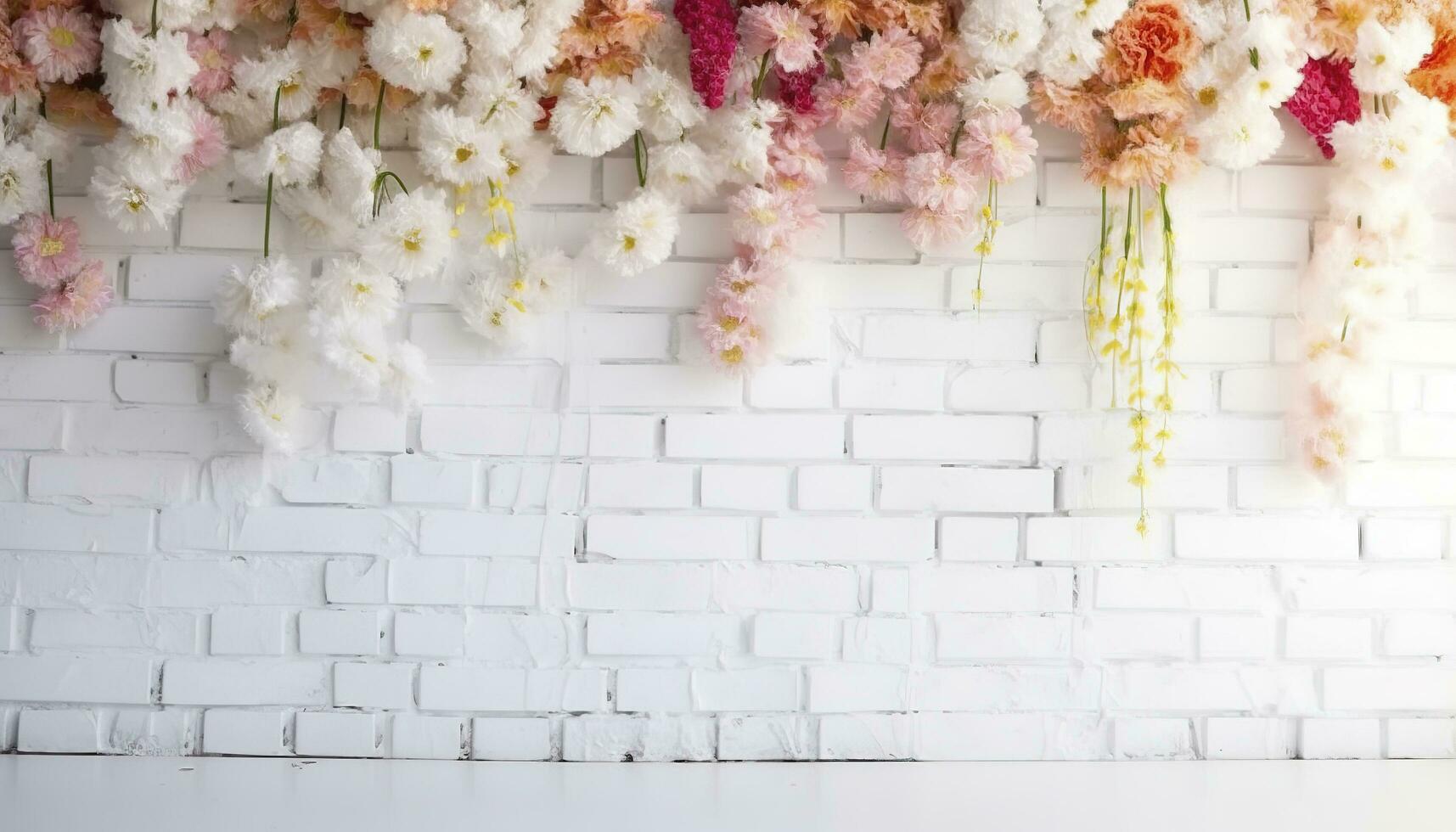 Flower texture background for wedding scene. Flowers on white brick wall with free space for text. Wedding or party decoration. Floral arrangement, floristics setting, generate ai photo