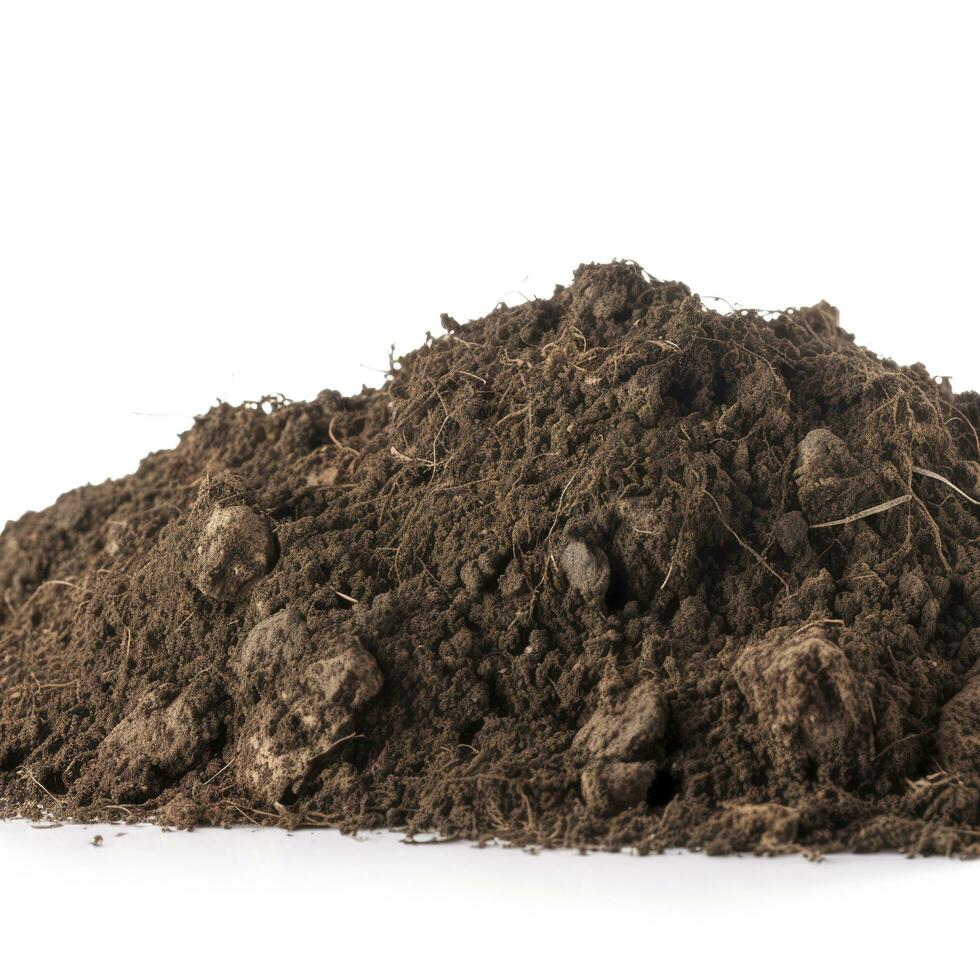 Dirty earth on white background. Natural soil texture, generate ai photo