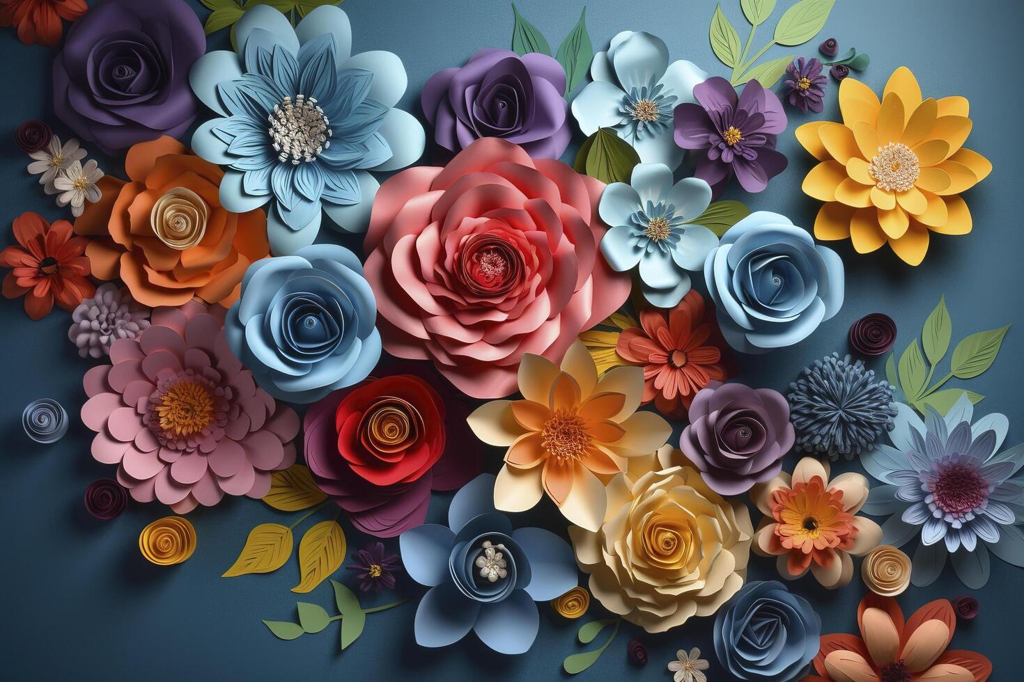 3d floral craft wallpaper. orange, rose, green and yellow flowers in